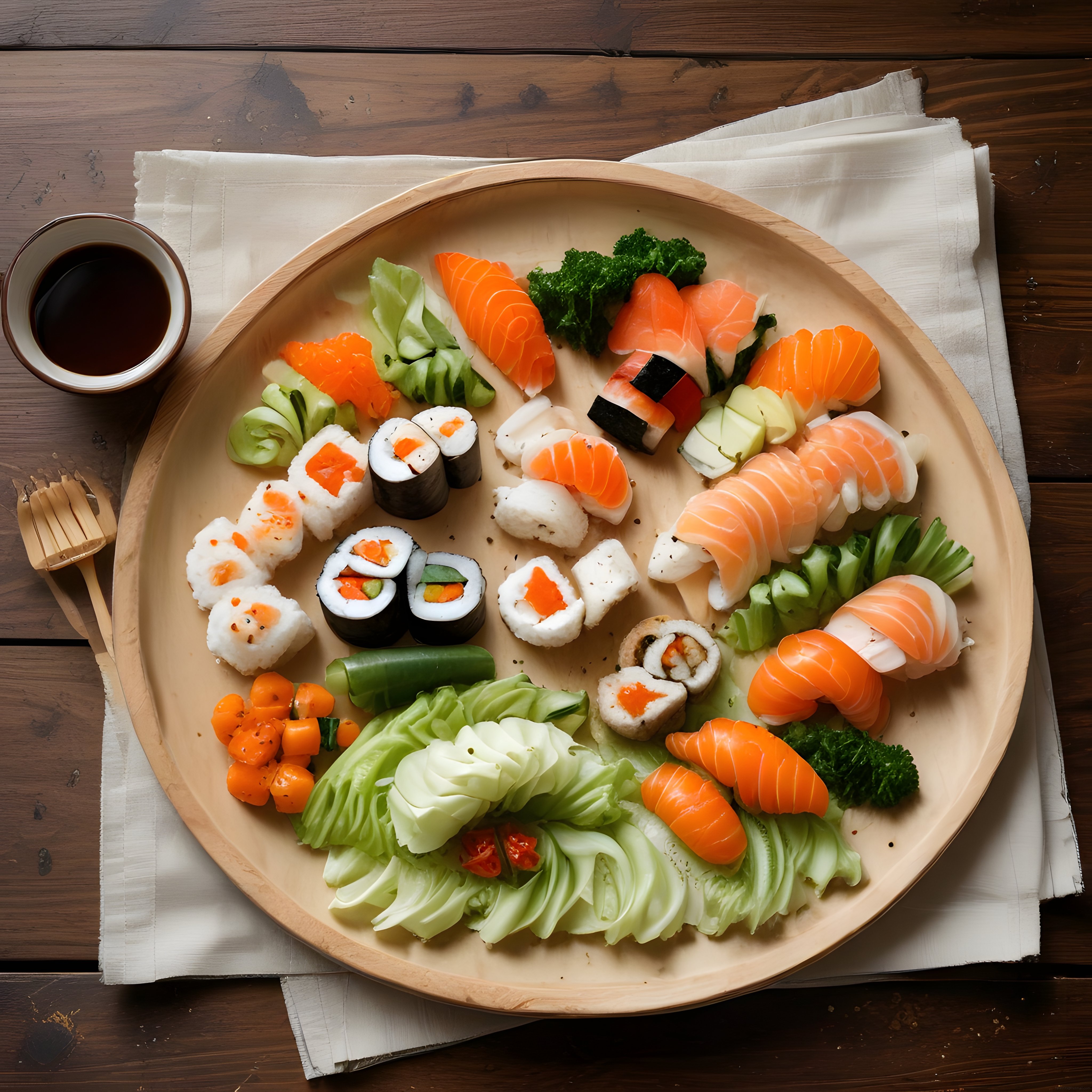 Yuvarlak Ahşap Tepsi Üzerinde Sunulan Taze Sushi Çeşitleri ve Soya Sosu