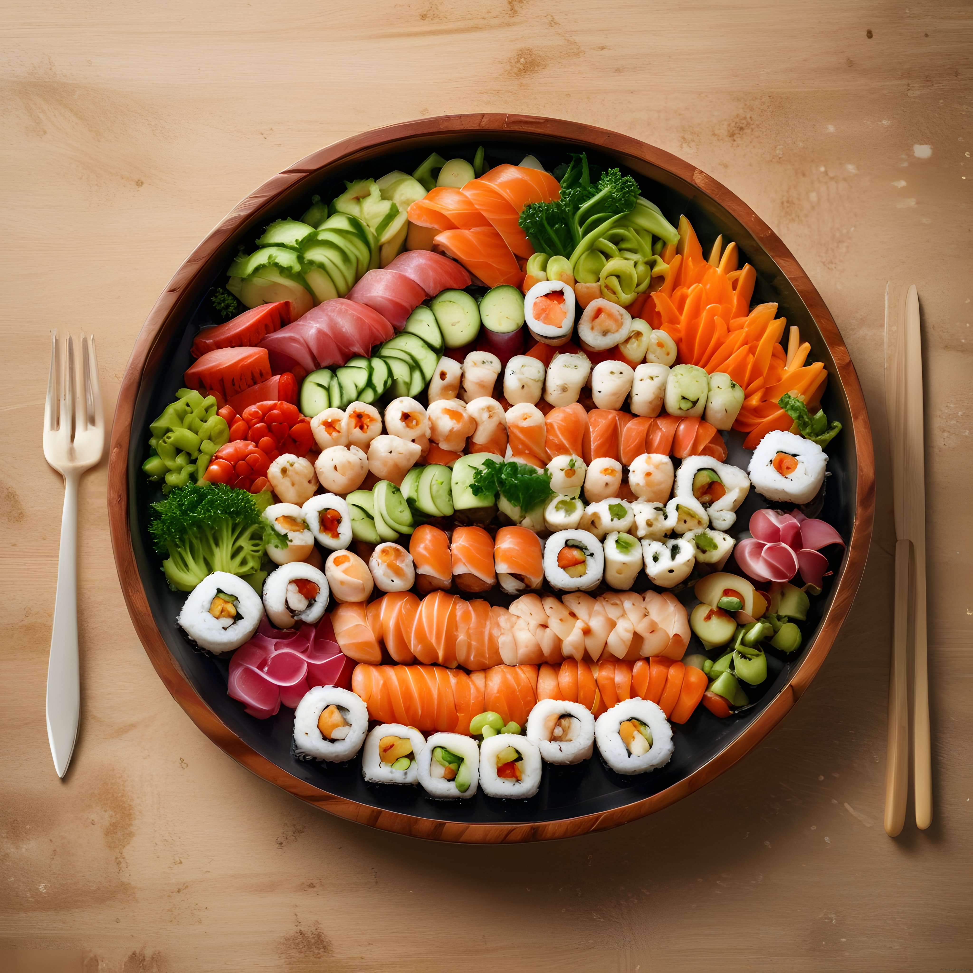 Yuvarlak Ahşap Tepside Çeşitli Japon Sushi ve Sashimi Lezzetleri