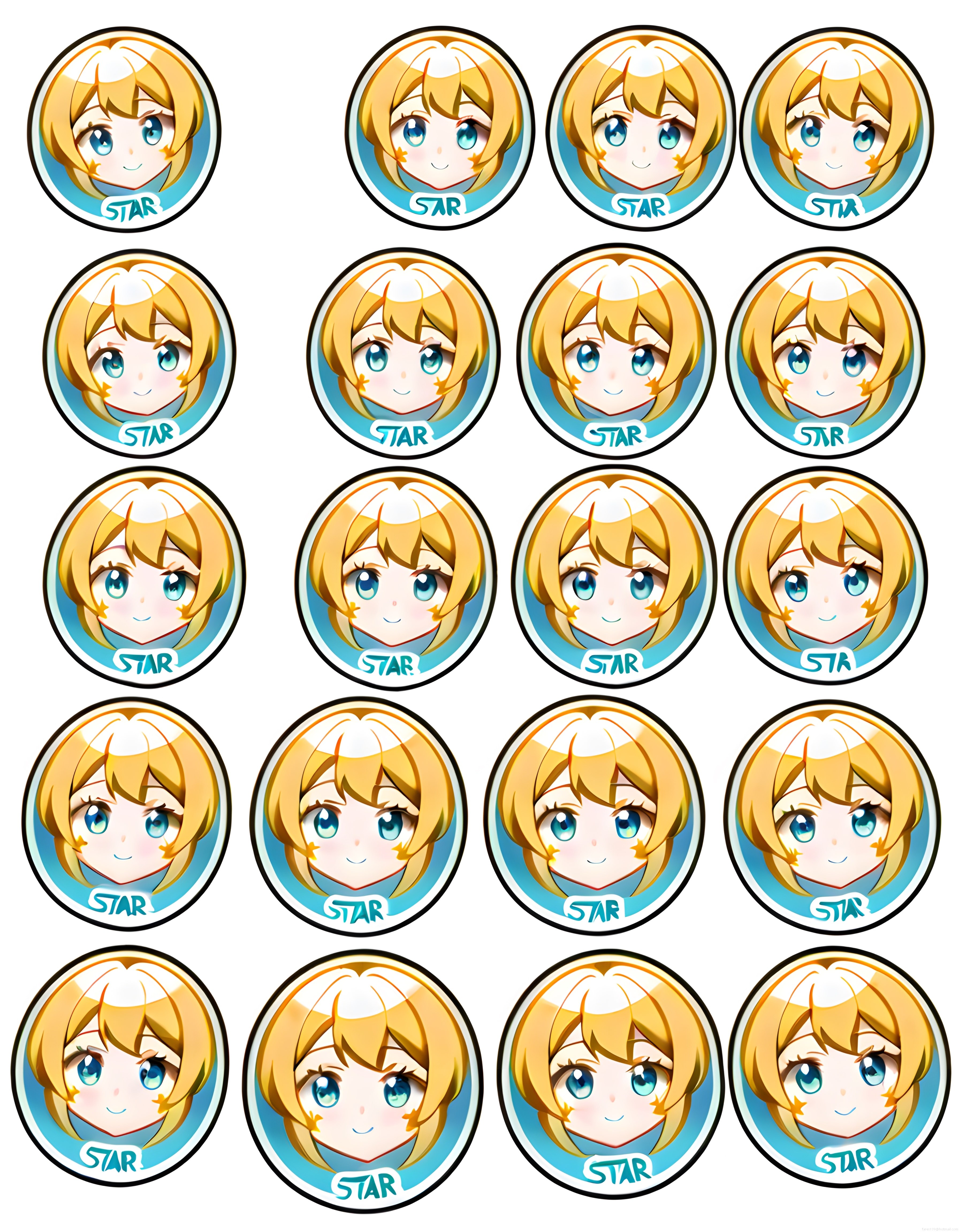 Yuvarlak anime kız STAR sticker seti sarı saçlı mavi gözlü rozetler