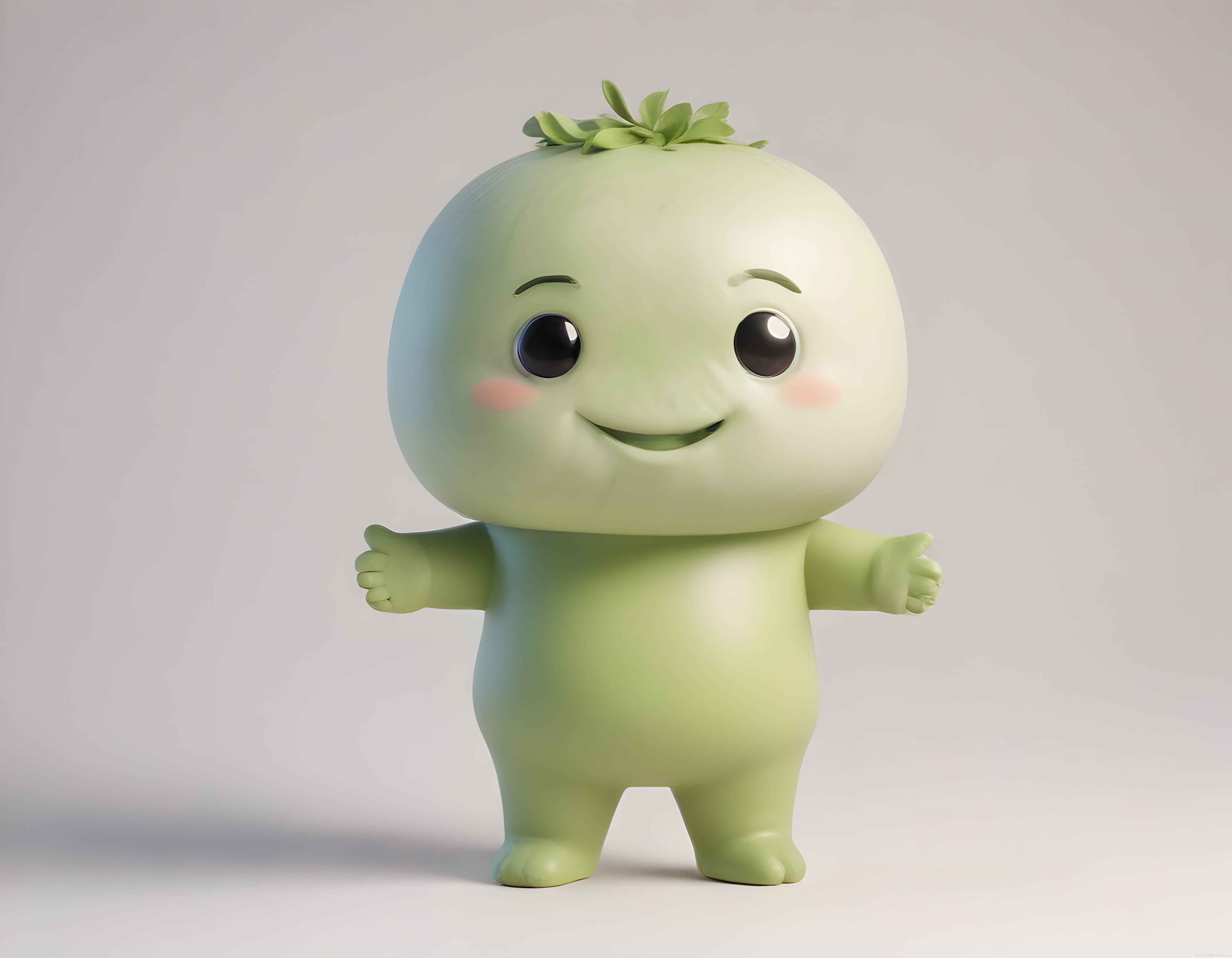 Yuvarlak Başlı Sevimli Yeşil Bitki Karakteri ve 3D Animasyon Figürü