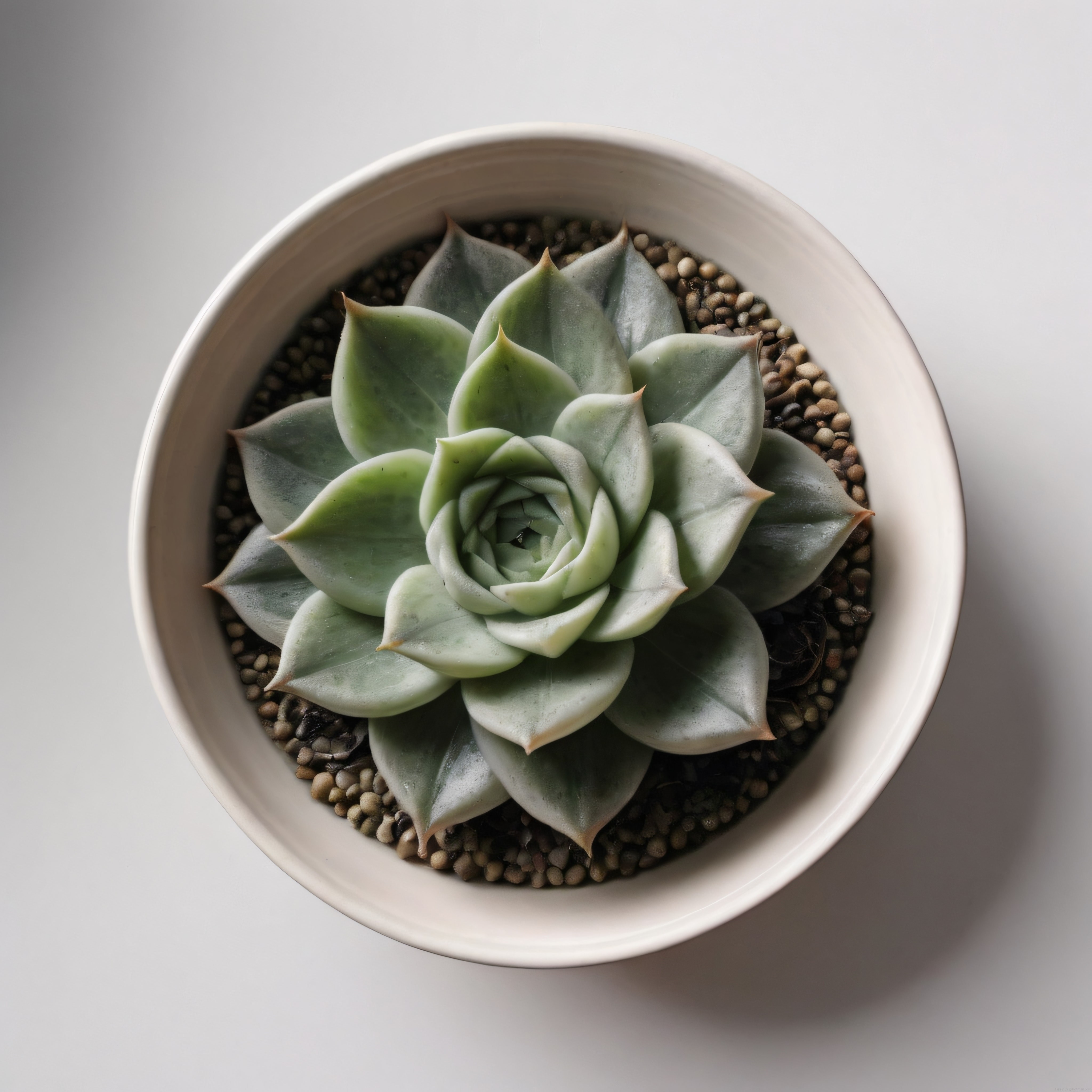Yuvarlak Beyaz Saksıda Gri Yeşil Echeveria Sukulent: Minimalist Dekorasyon