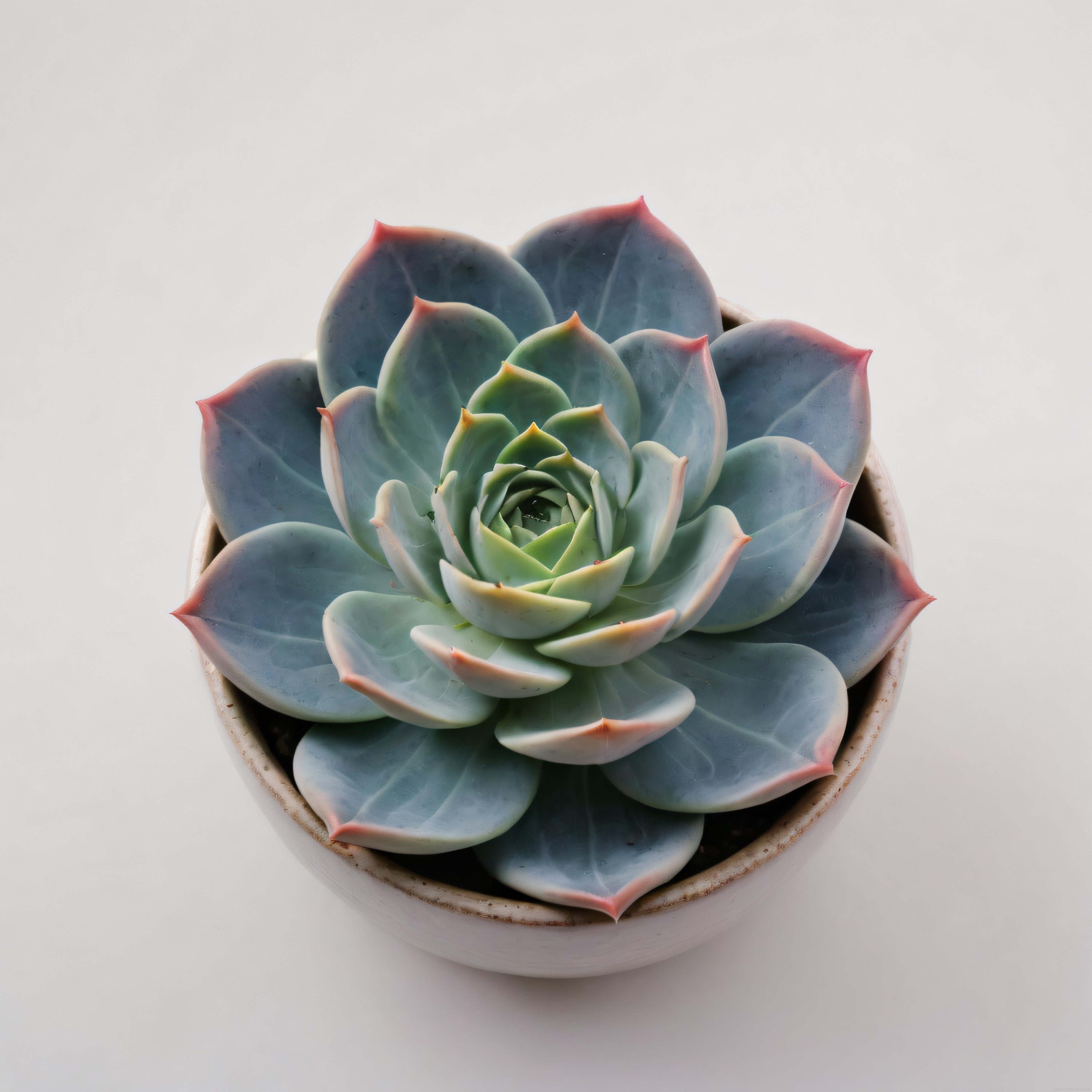 Yuvarlak Beyaz Saksıda Pastel Mavi Yeşil Echeveria Sukulent Bitkisi
