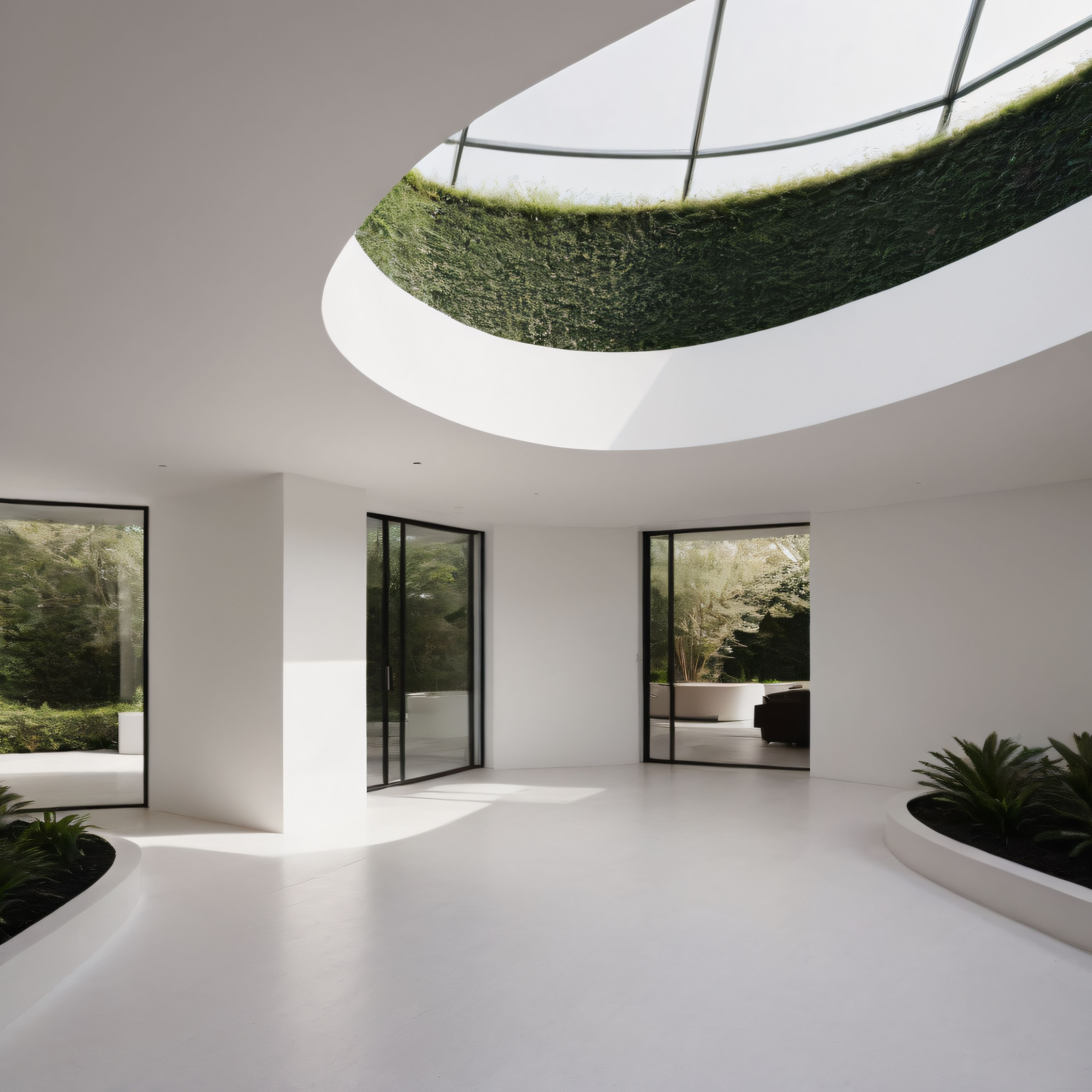 Yuvarlak Çatı Pencereli Beyaz Duvarlı Minimalist İç Mekan ve Yeşil Çatı Yuvarlak Çatı Pencereli Beyaz Duvarlı Minimalist İç Mekan ve Yeşil Çatı