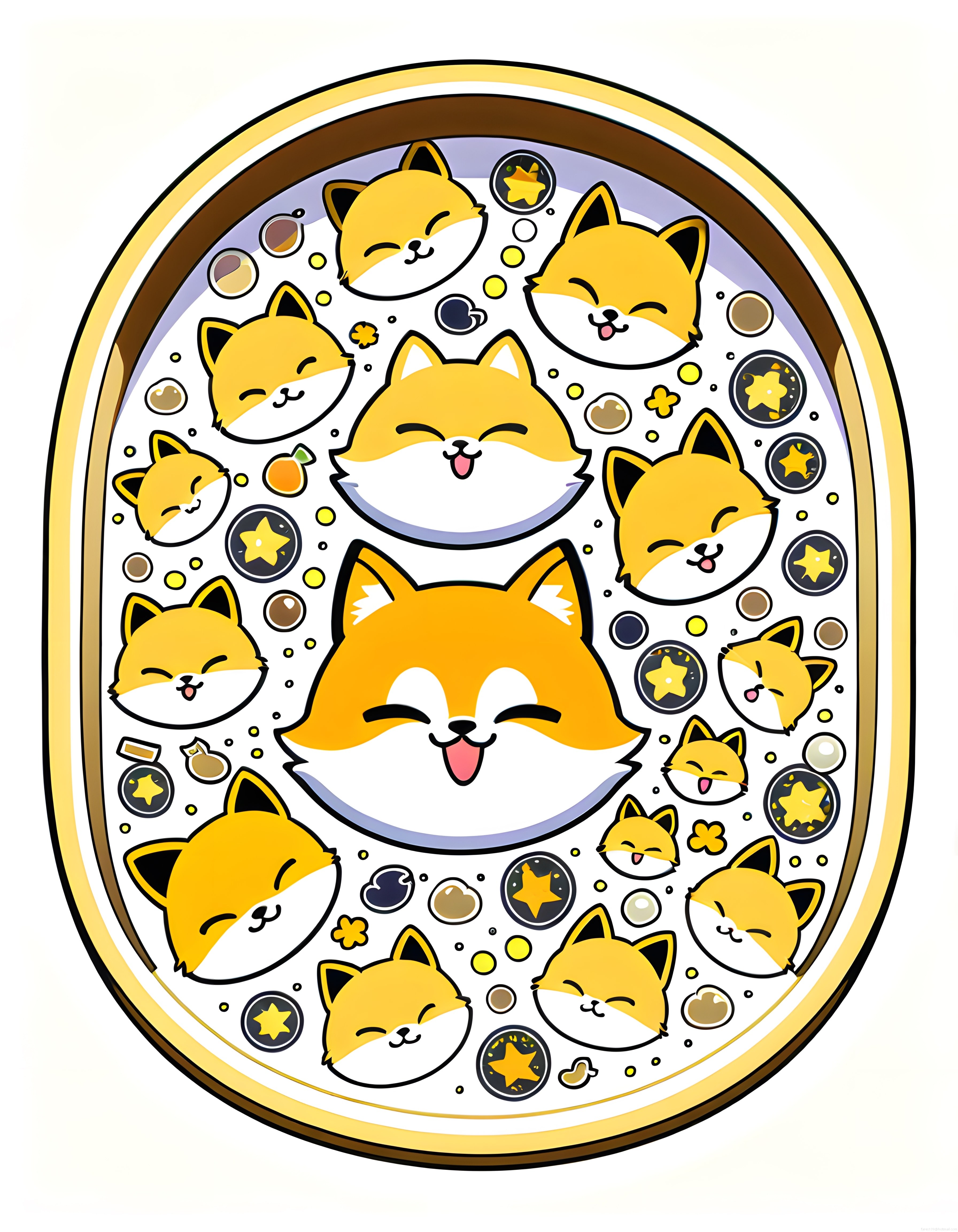 Yuvarlak Çerçevede Sevimli Kawaii Tilki Karakterleri ve Yıldızlar
