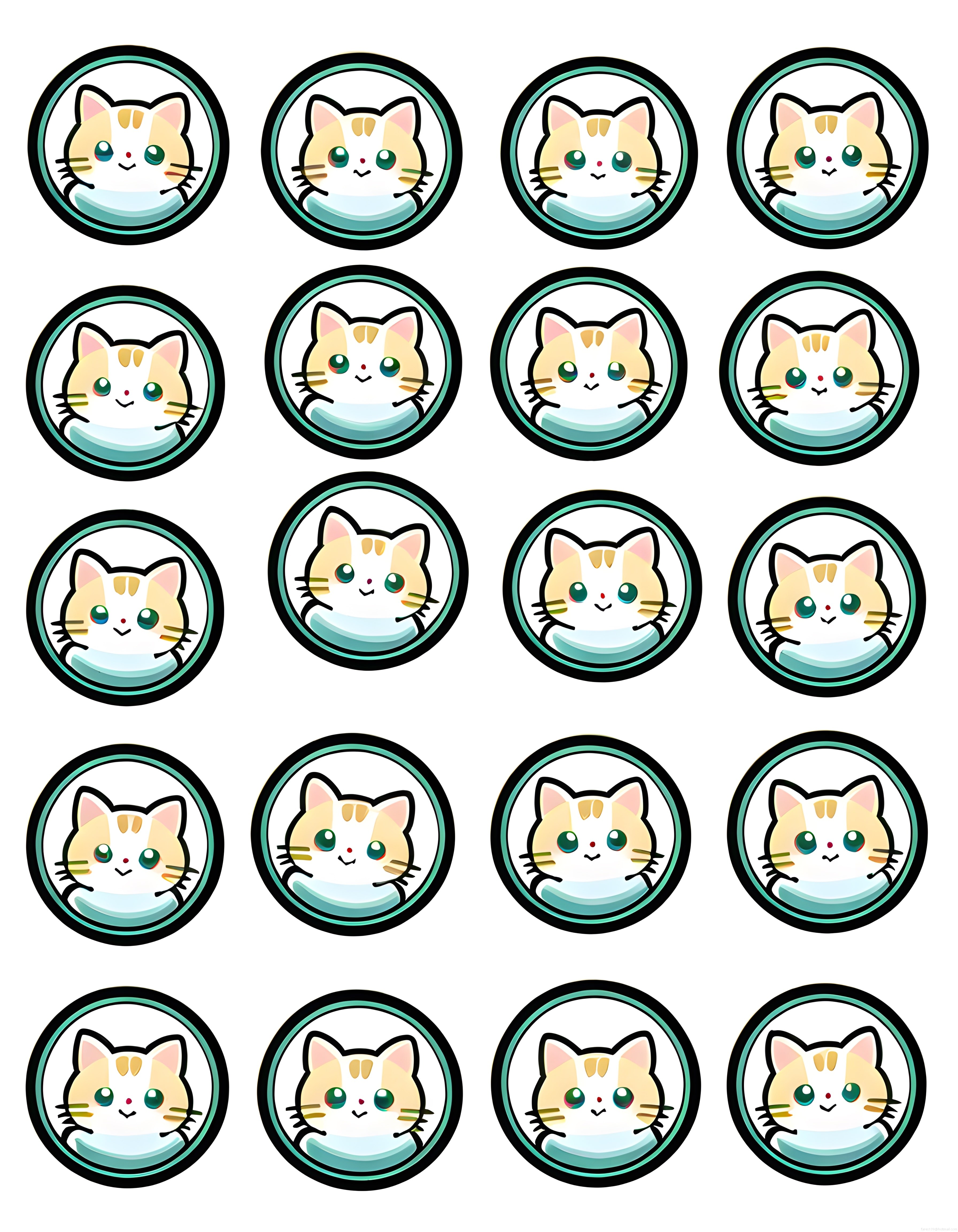 Yuvarlak Çerçevelerde Kawaii Kedi Yüzü İkon Seti ve Sevimli Karakterler