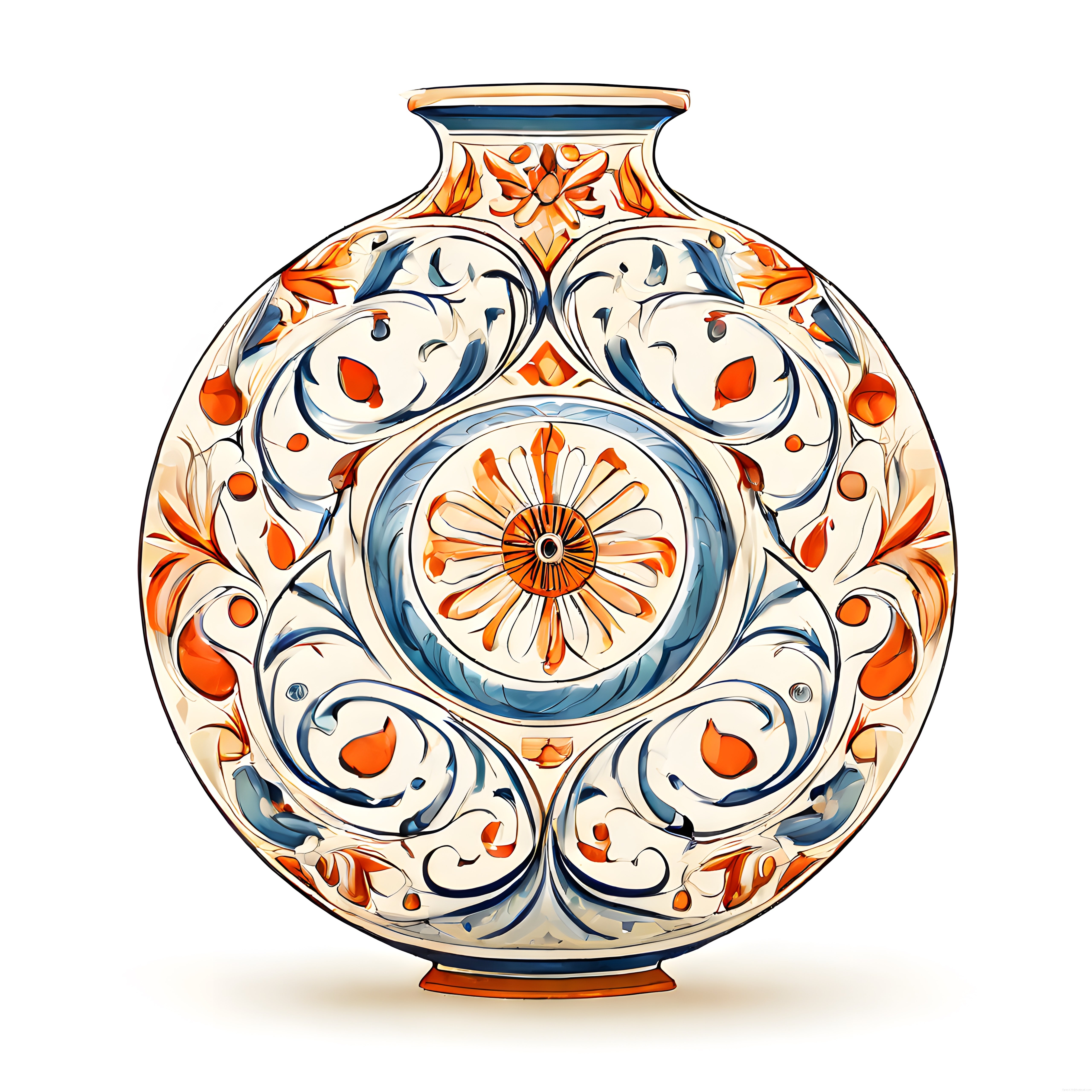 Yuvarlak Gövdeli Çini Desenli Seramik Vazo: Turuncu ve Mavi Floral Motifler