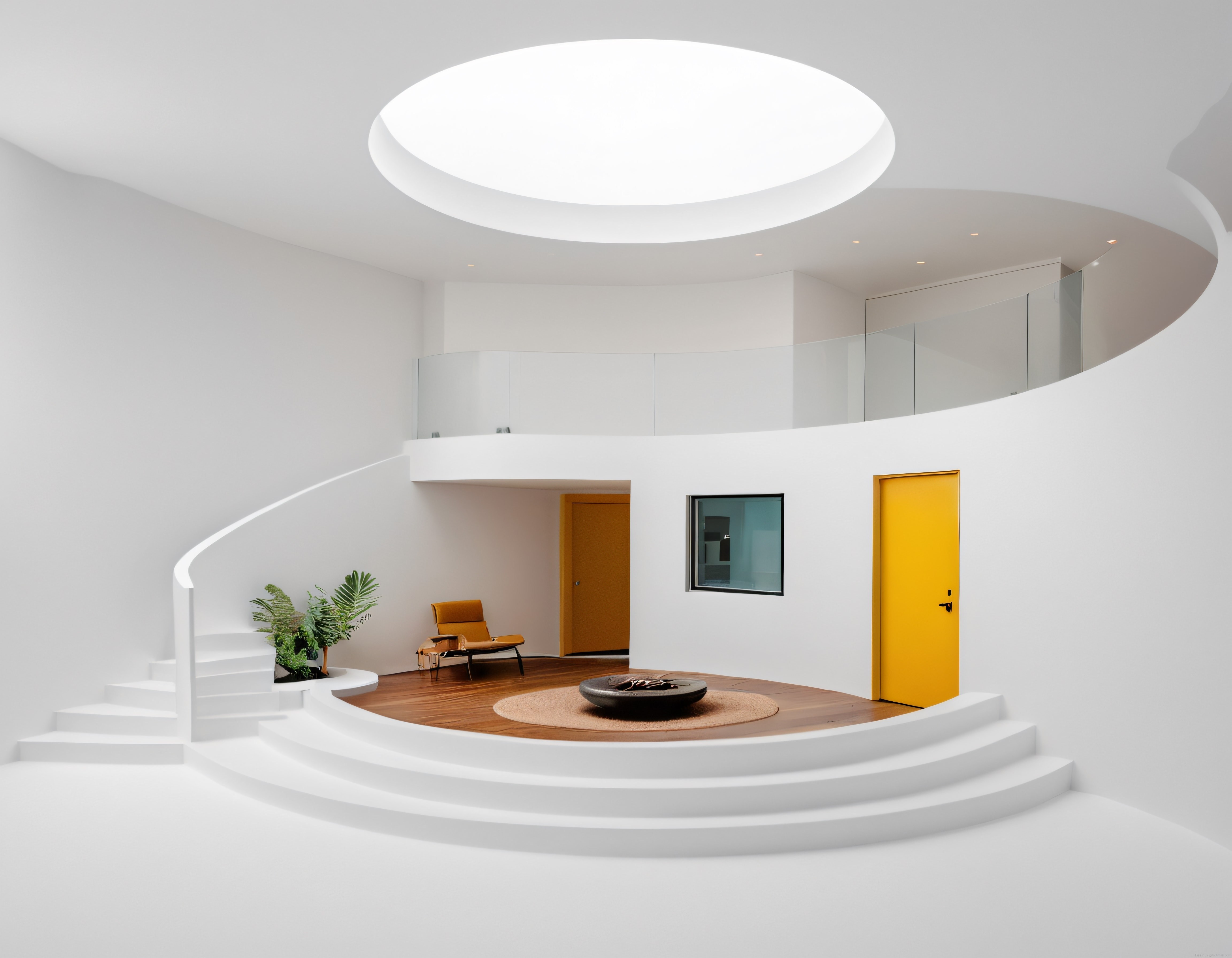 Yuvarlak Gün Işığı Pencereli ve Spiral Merdivenli Lüks Modern Ev İç Mekanı