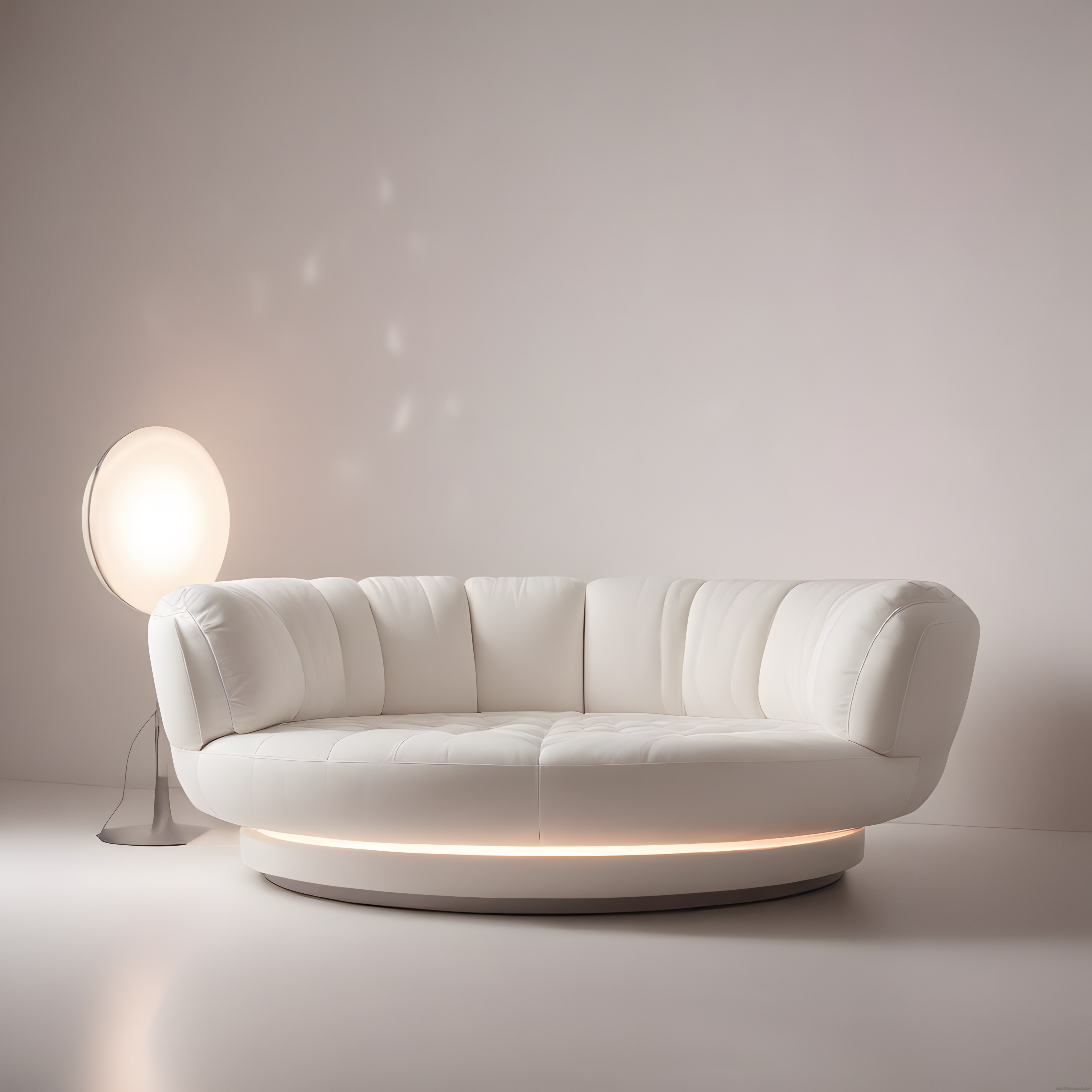 Yuvarlak Hatlı Beyaz Kanepe ve LED Aydınlatmalı Minimalist Oda Dekorasyonu