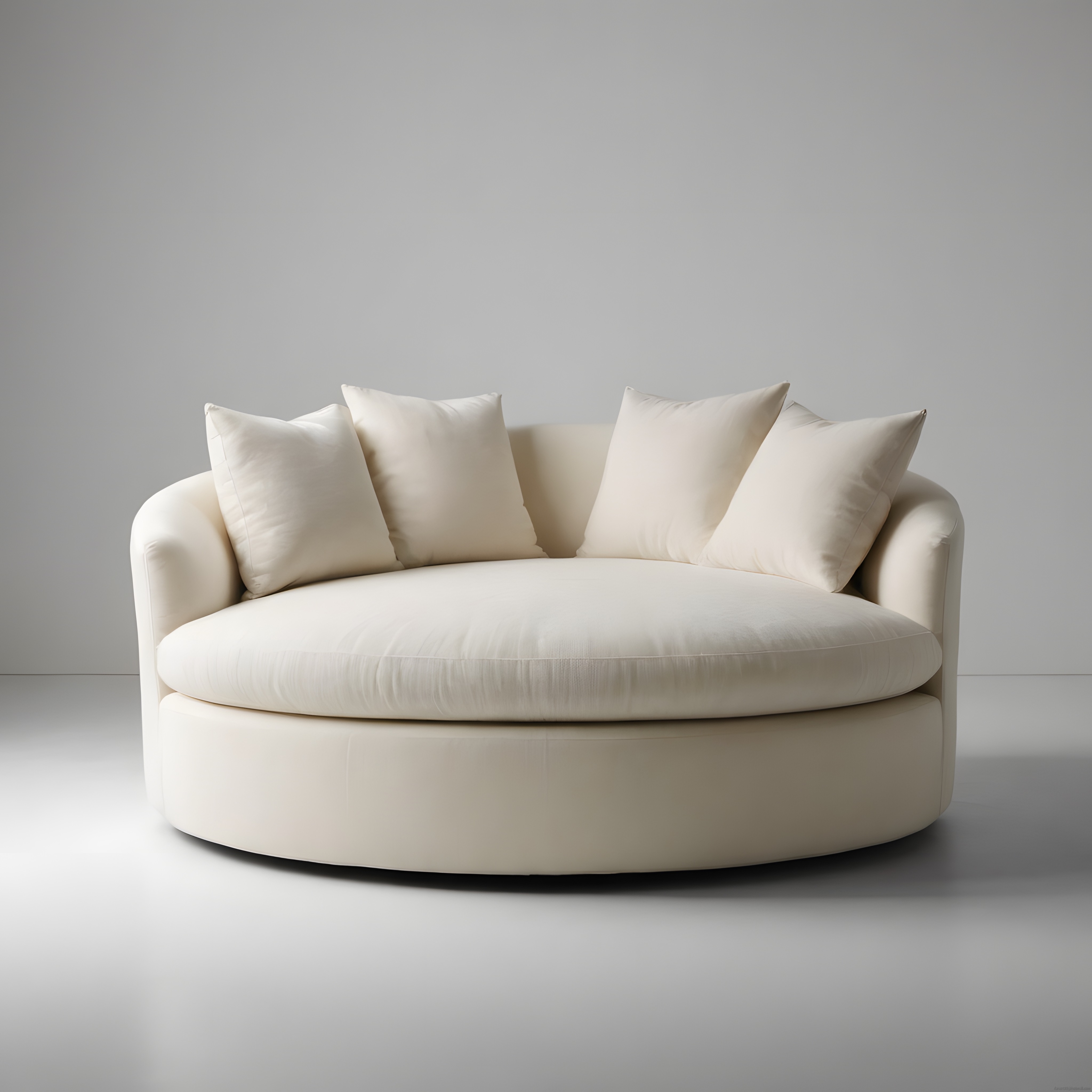 yuvarlak krem koltuk ve yastıklarla minimalist iç mekan dekorasyonu