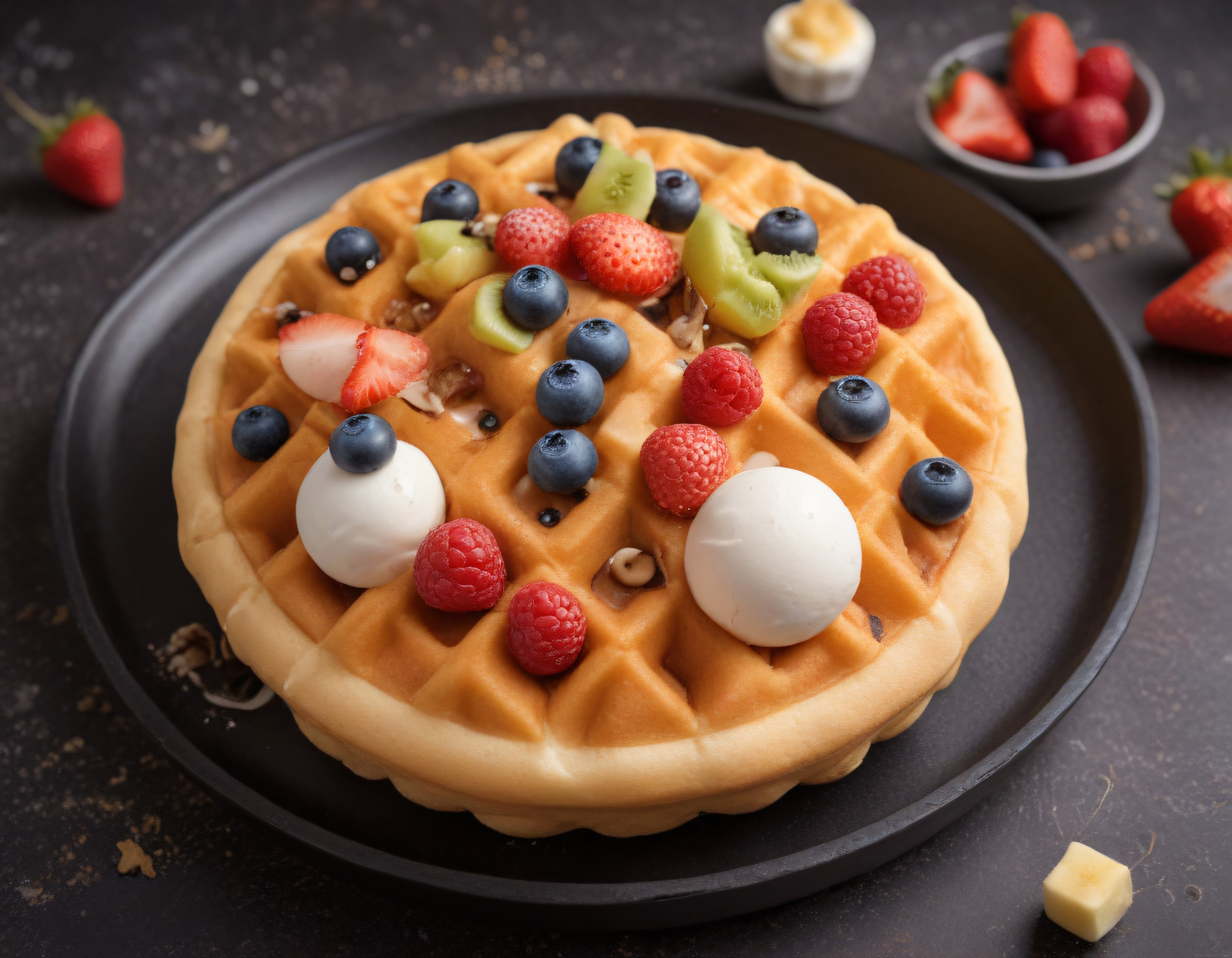 Yuvarlak Tabahta Meyveli ve Yumurtalı Renkli Waffle Kahvaltı Sunumu