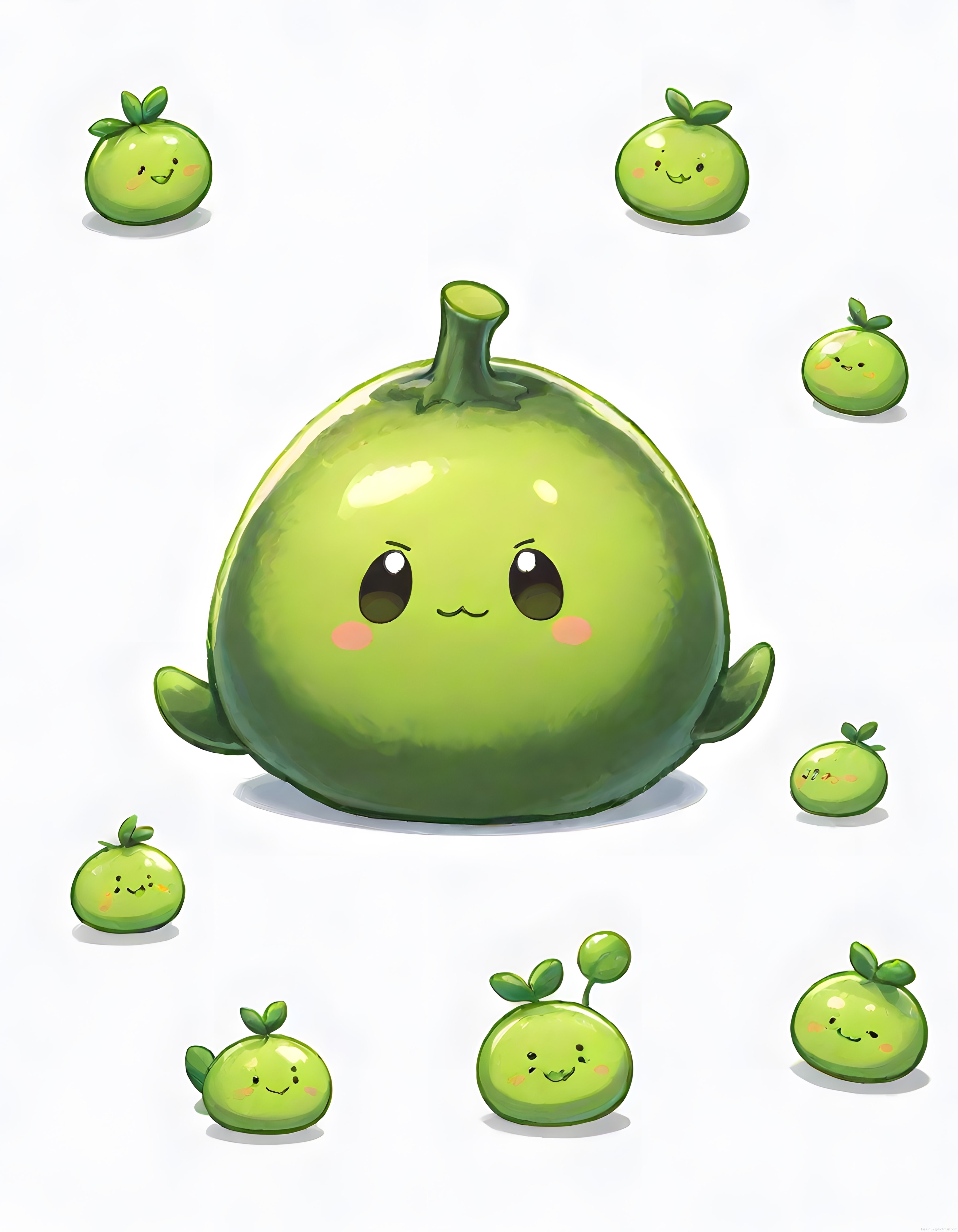 Yuvarlak Yeşil Sevimli Karakterlerin Kawaii Dijital Sanat Çalışması