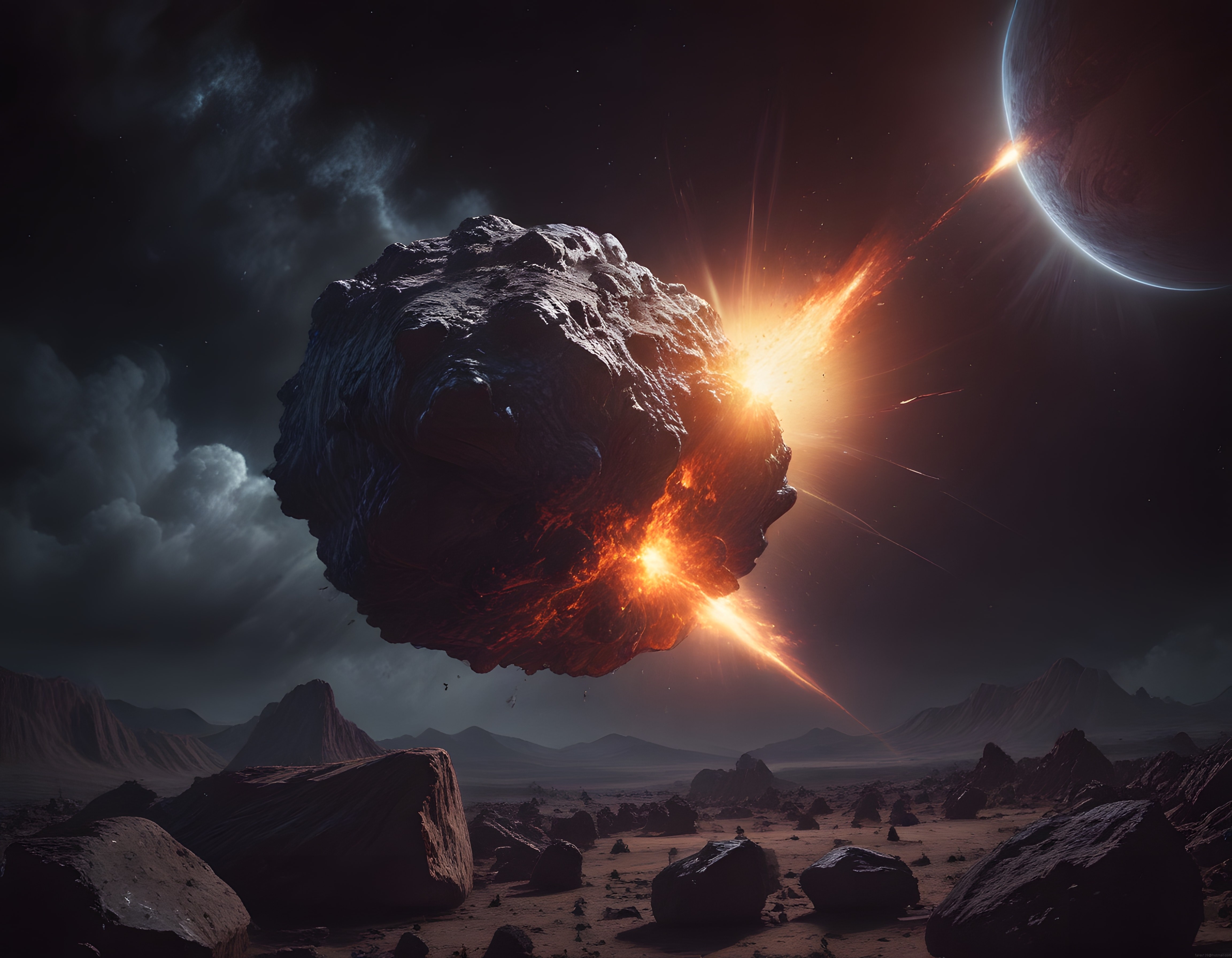 Yüzeye Çarpan Dev Asteroit ve Arka Plandaki Gezegen: Kozmik Bir Felaket Anı