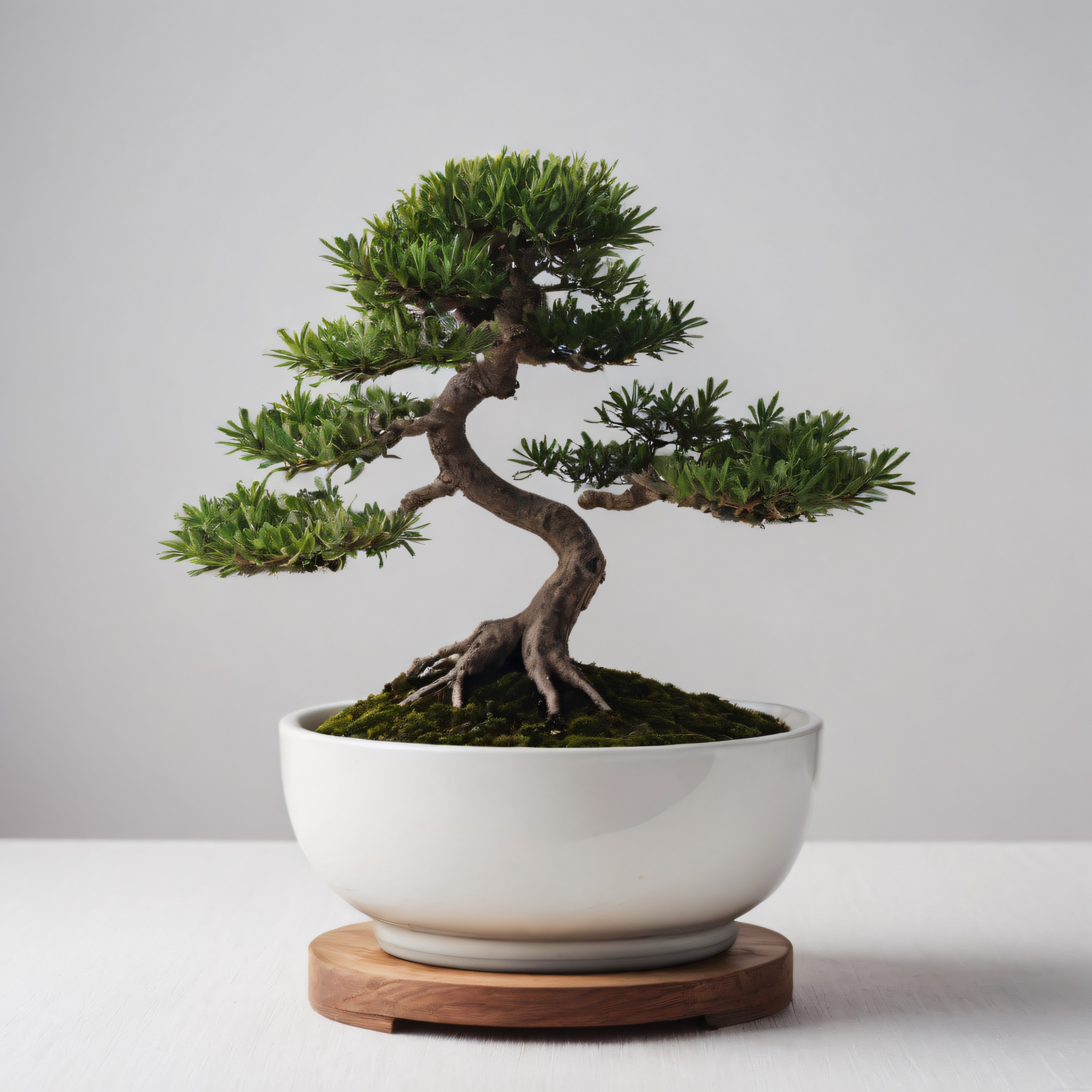 Zamana Meydan Okuyan Estetik: Beyaz Saksıda Kıvrımlı Gövdeli Çam Bonsai Ağacı