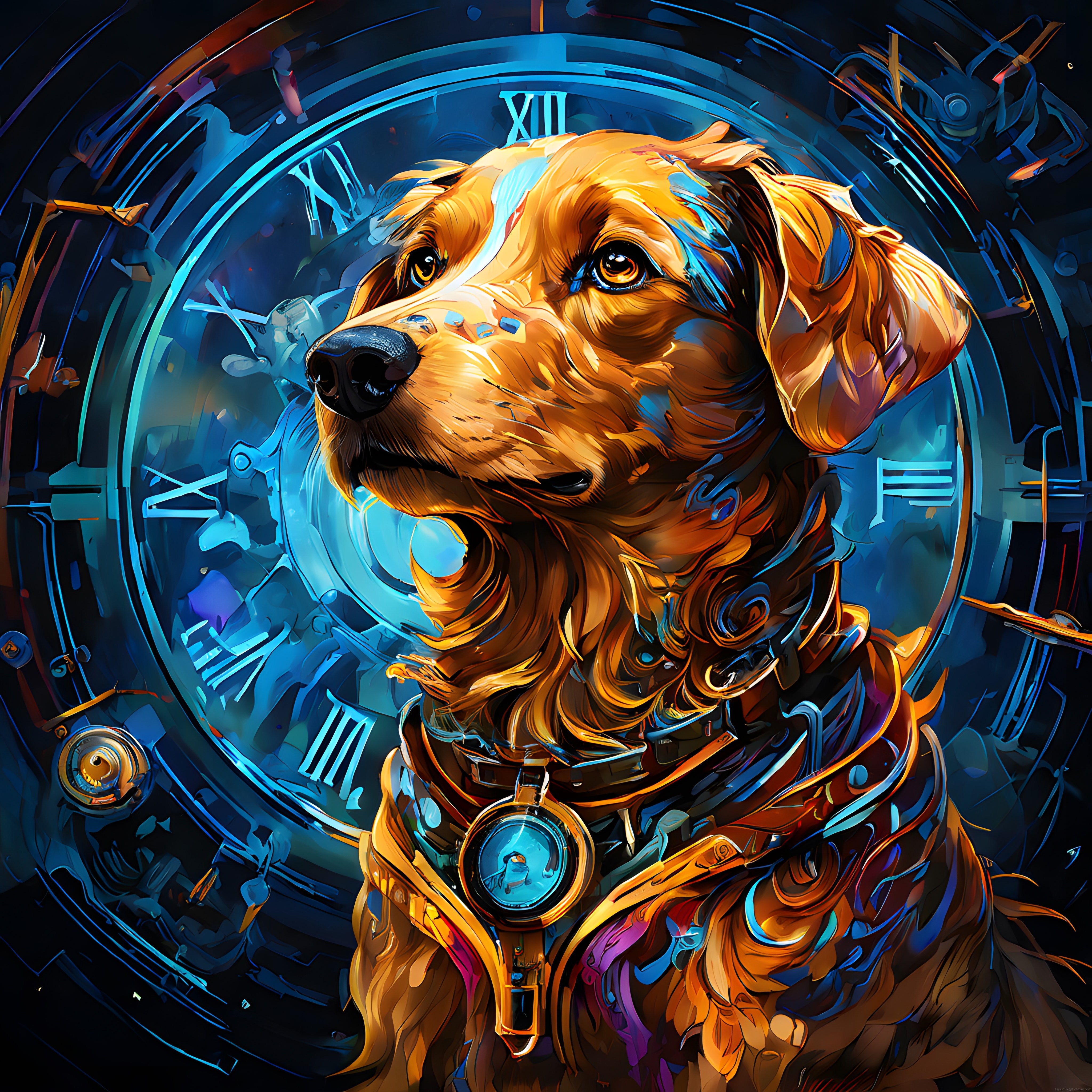 Zamanı Durduran Golden Retriever: Neon Mavi Fantastik Dijital Portre