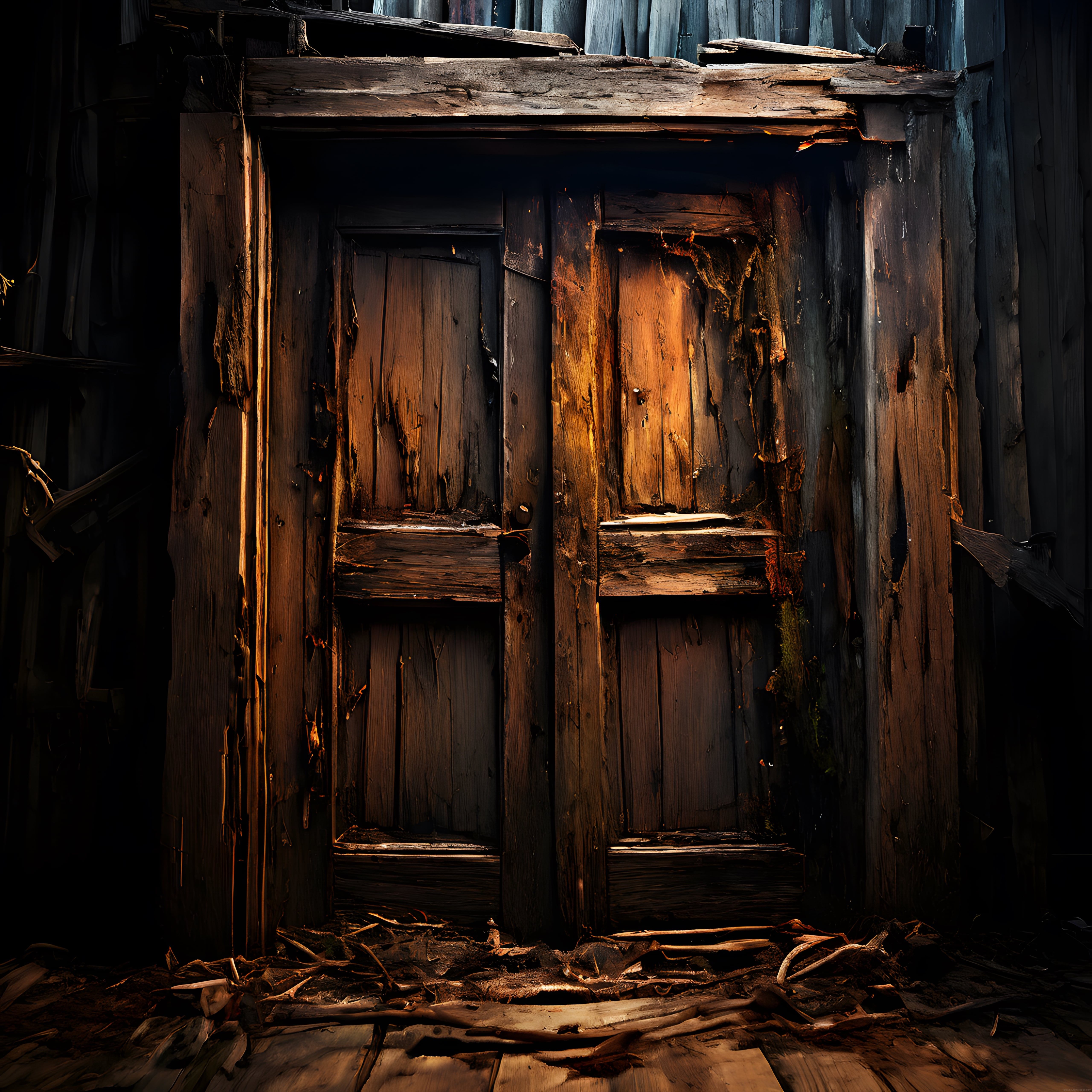 Zamanın İzlerini Taşıyan Terk Edilmiş Ahşap Kapı ve Karanlık Atmosfer