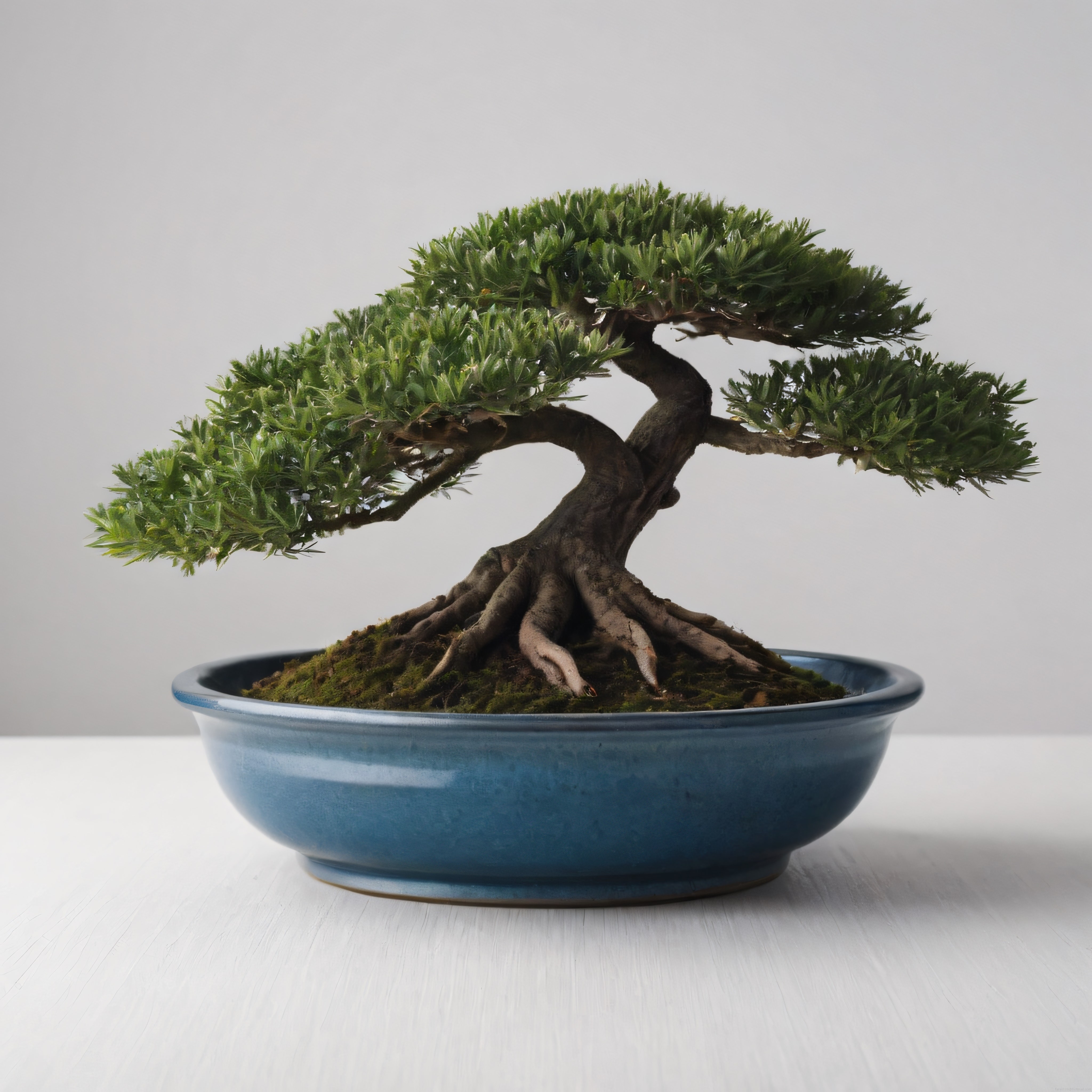 Zamansız Bir Sanat Eseri: Mavi Saksıda Kıvrımlı Gövdeli Yaşayan Bonsai Ağacı