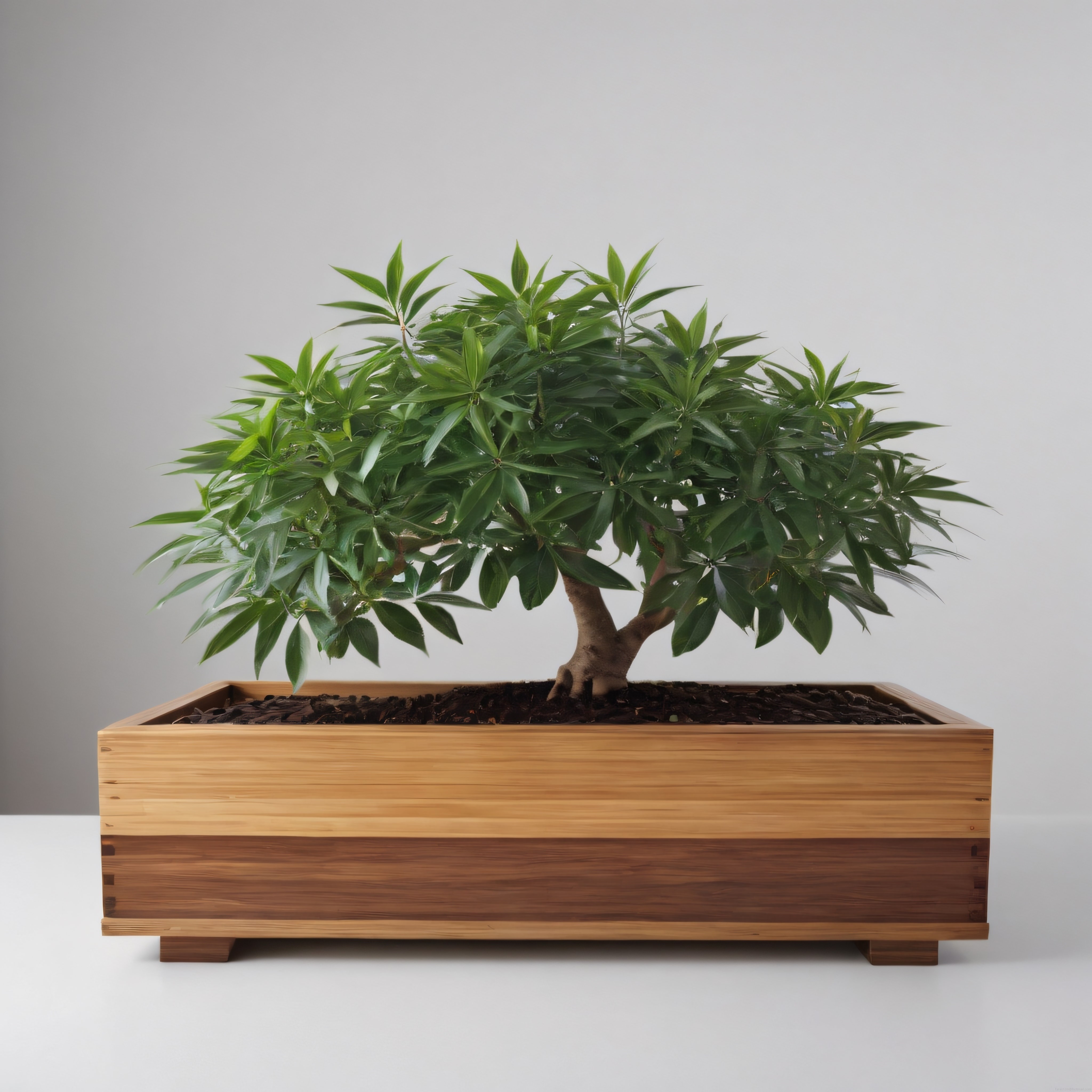 Zarif Ahşap Saksıda Şekillendirilmiş Yeşil Yapraklı Dekoratif Bonsai Ağacı