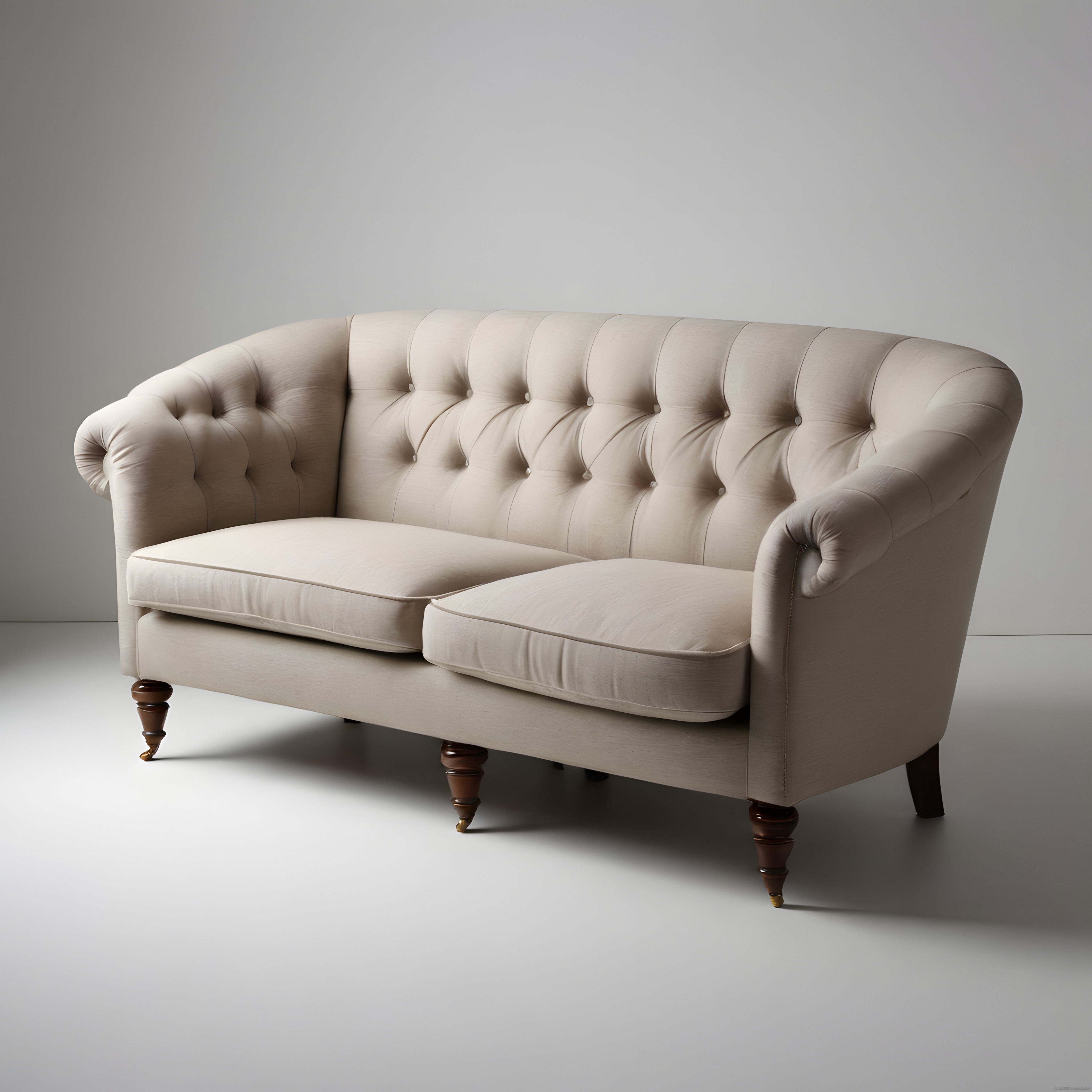 Zarif bej kapitoneli kanepe ve beyaz stüdyo ortamı lüks mobilya çekimi