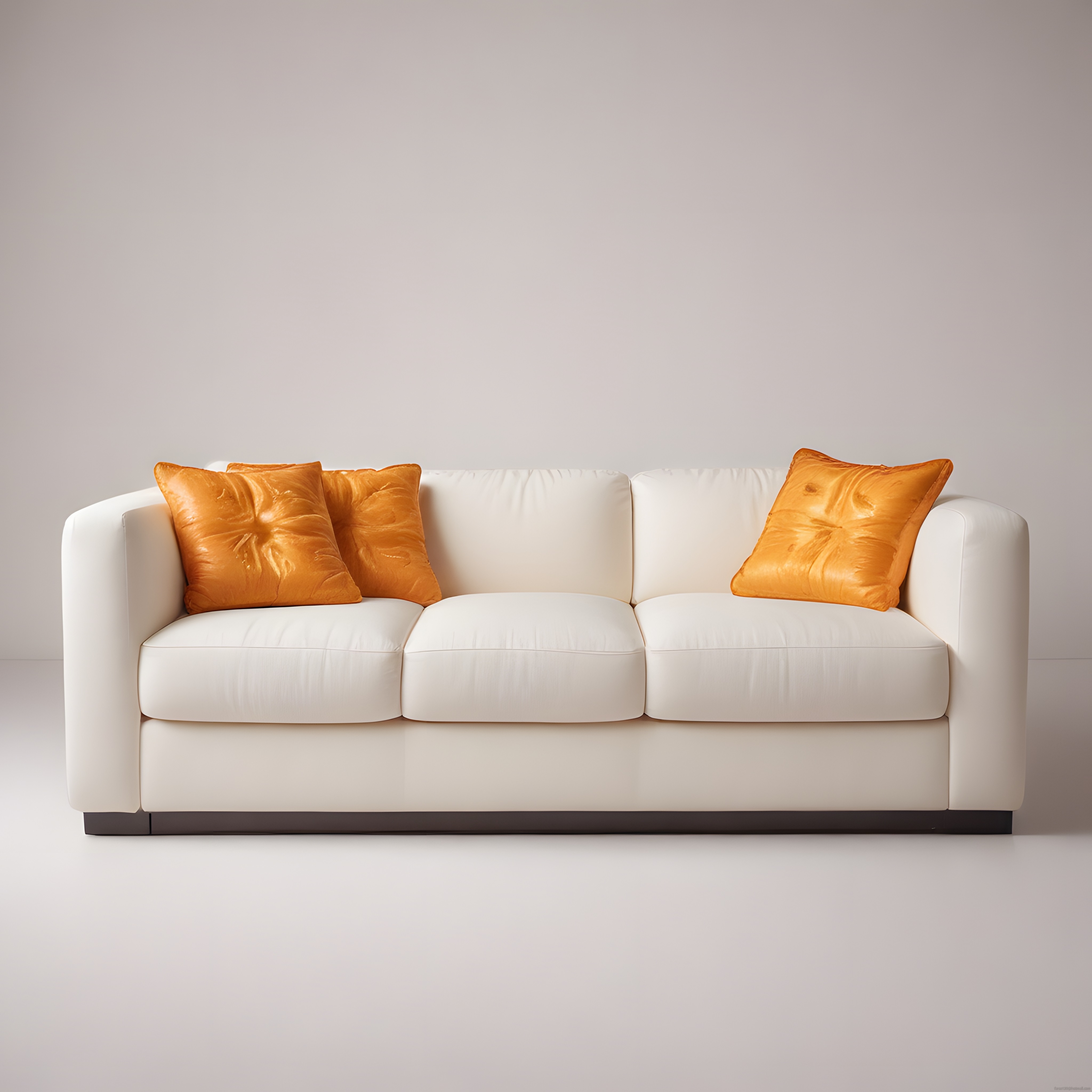 Zarif Beyaz Üçlü Koltuk ve Turuncu Yastıklarla Minimalist Salon Dekoru