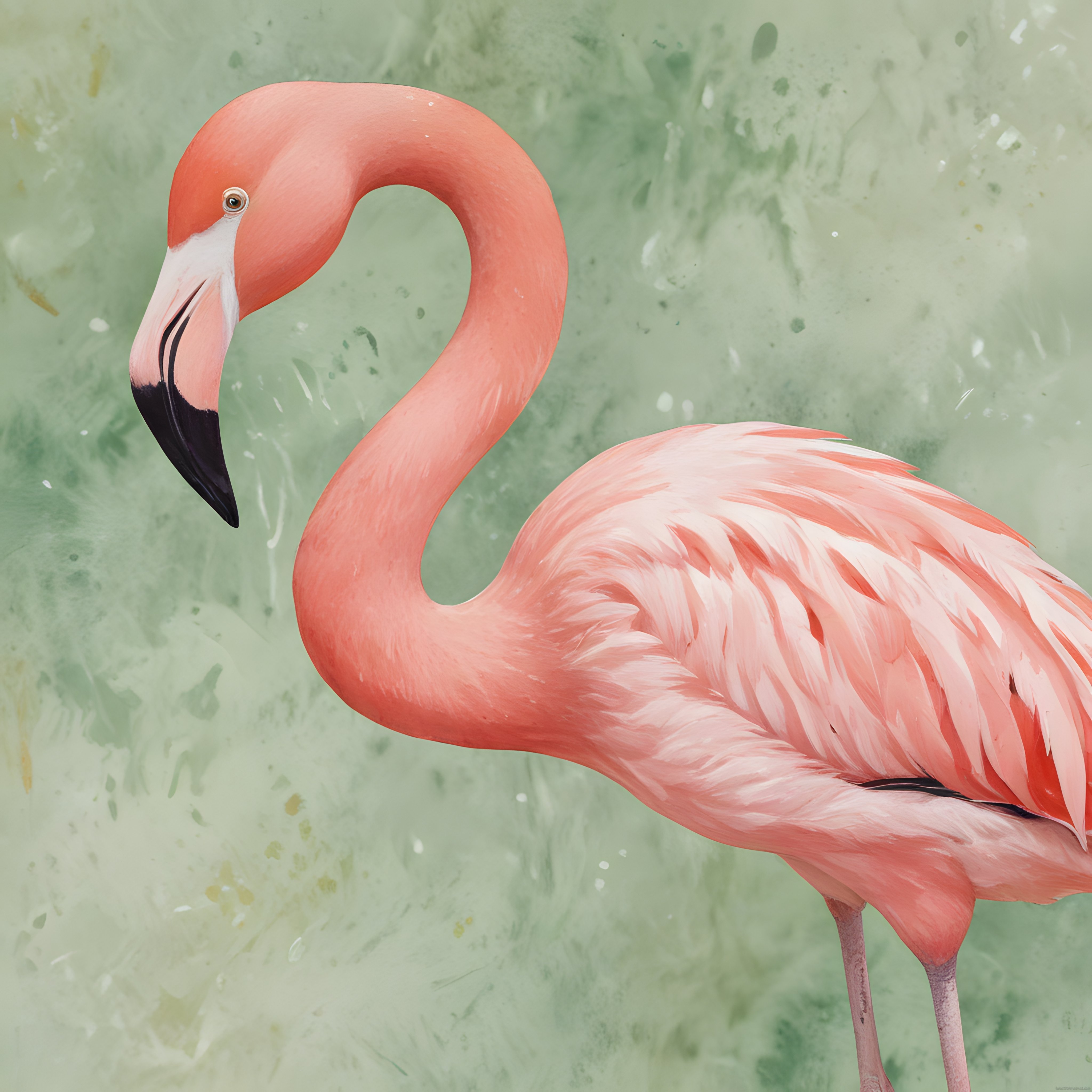 Zarif Pembe Flamingo ve Pastel Yeşil Suluboya Arka Plan Sanat Çalışması