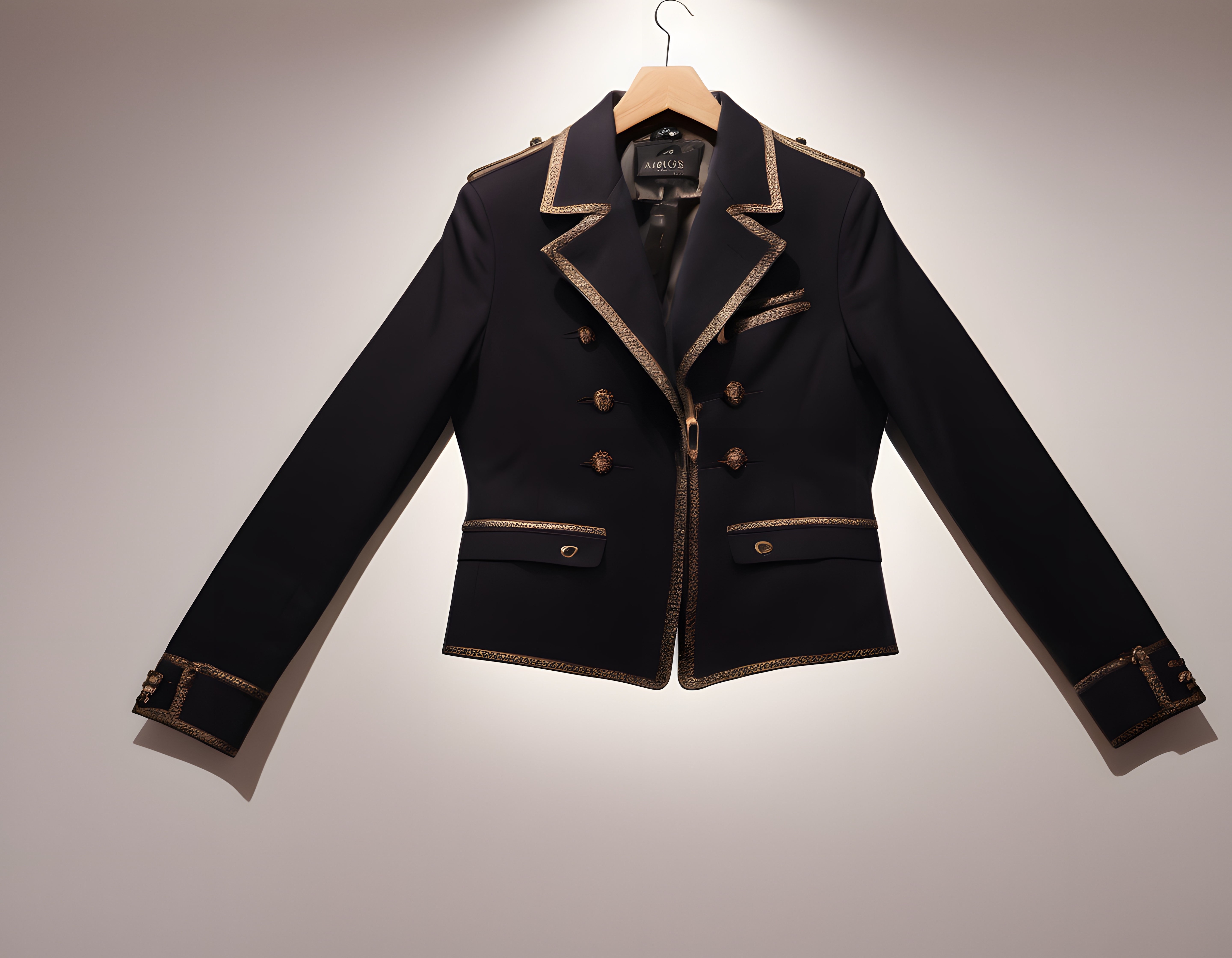 Zarif siyah kadın blazer ceket, gold işlemeli askeri stil ve kruvaze kesim