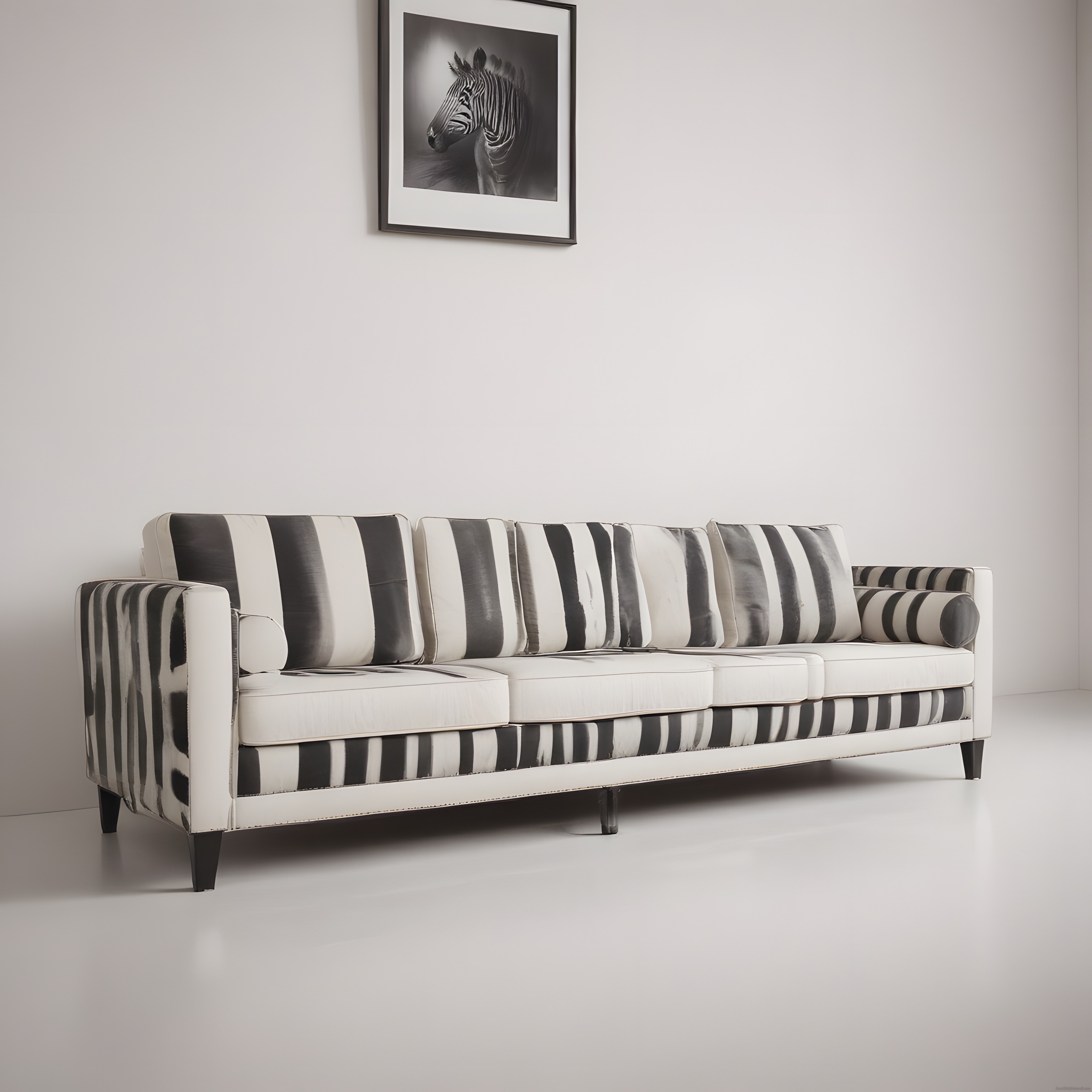 Zebra Desenli Şık Kanepe ve Minimalist Duvar Dekorasyonu ile Modern Salon Atmosferi