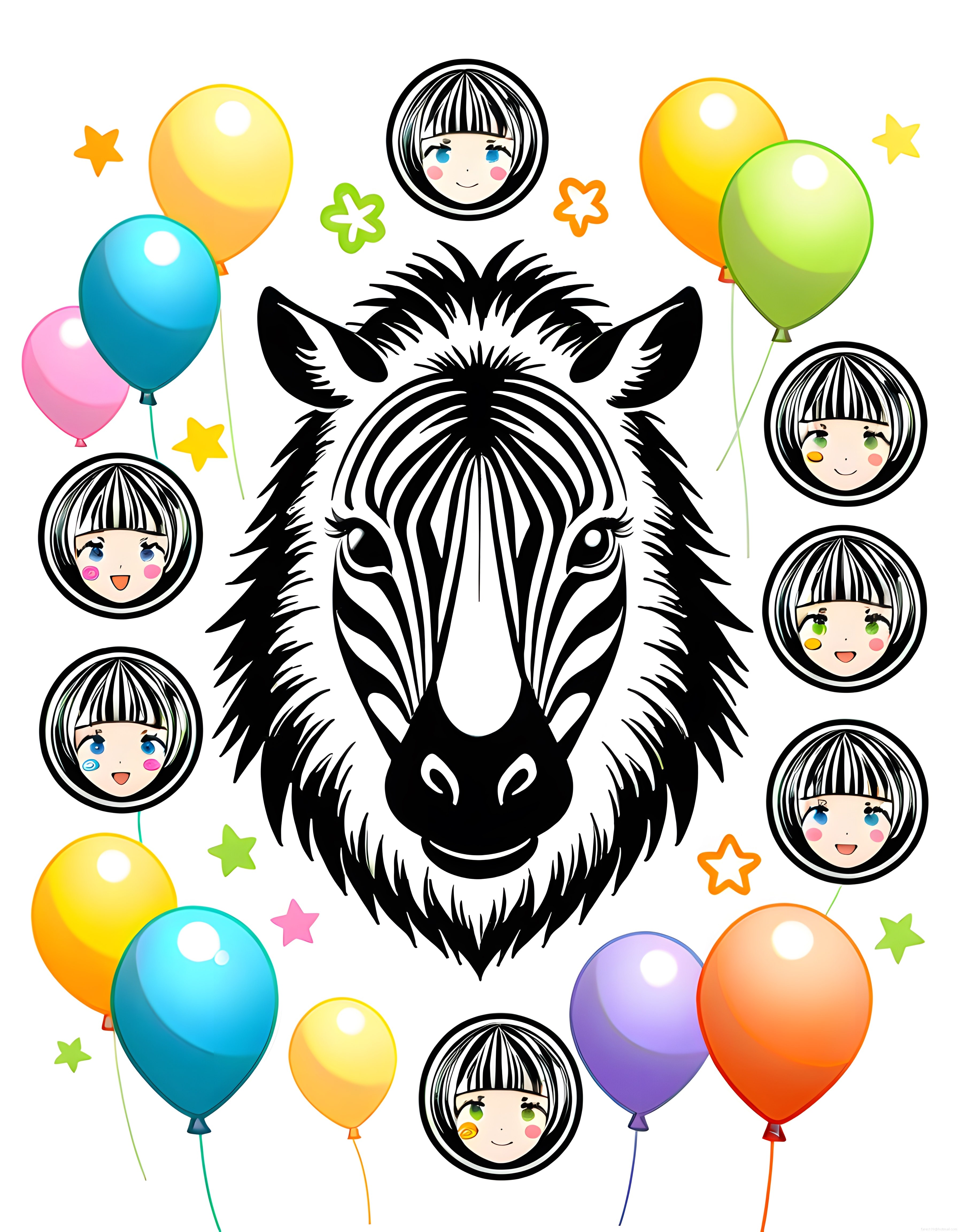 Zebra Portresi ve Anime Karakterleriyle Renkli Doğum Günü Balon İllüstrasyonu