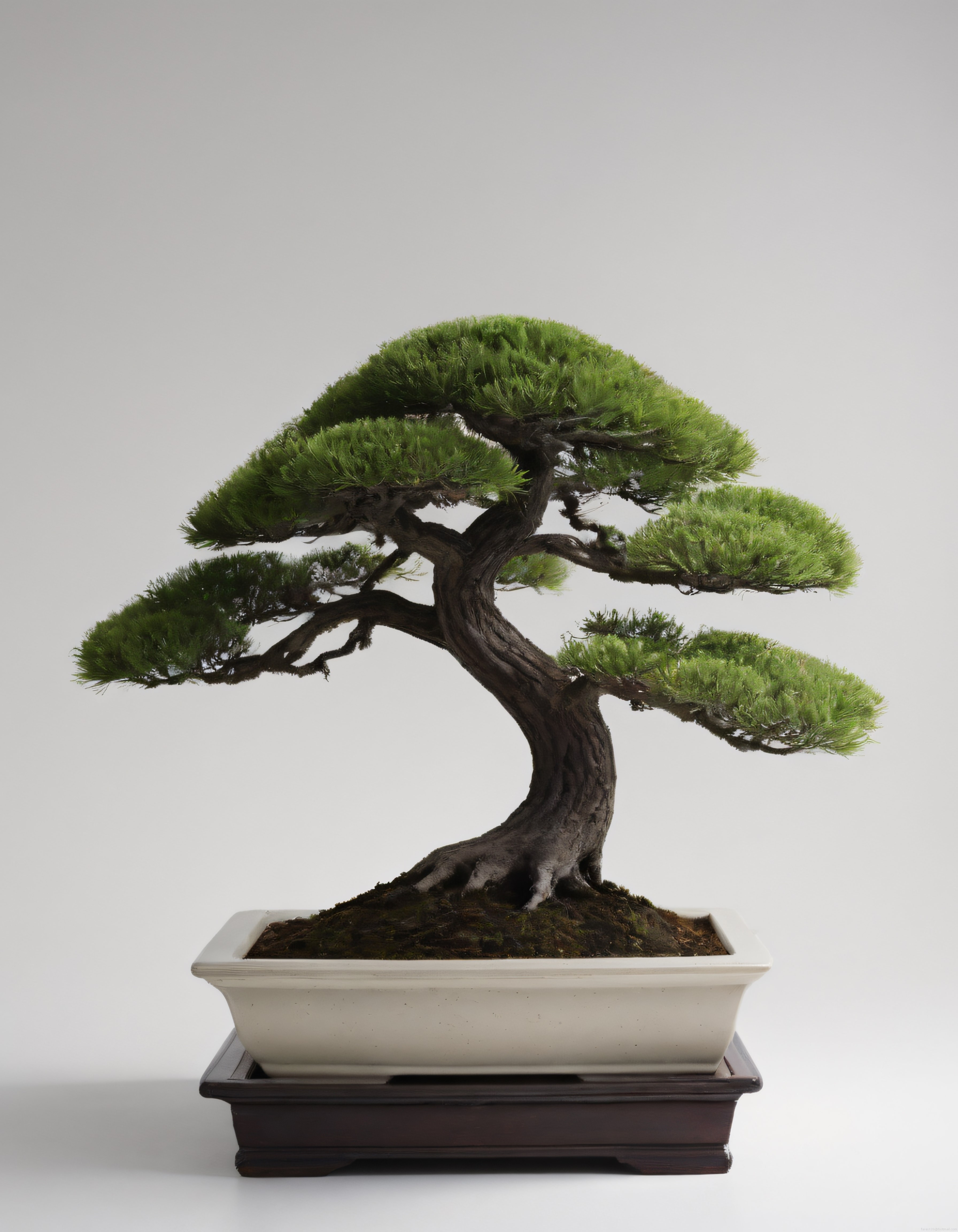Zeminde Beyaz Saksıda Kıvrımlı Gövdeli Klasik Japon Bonsai Ağacı