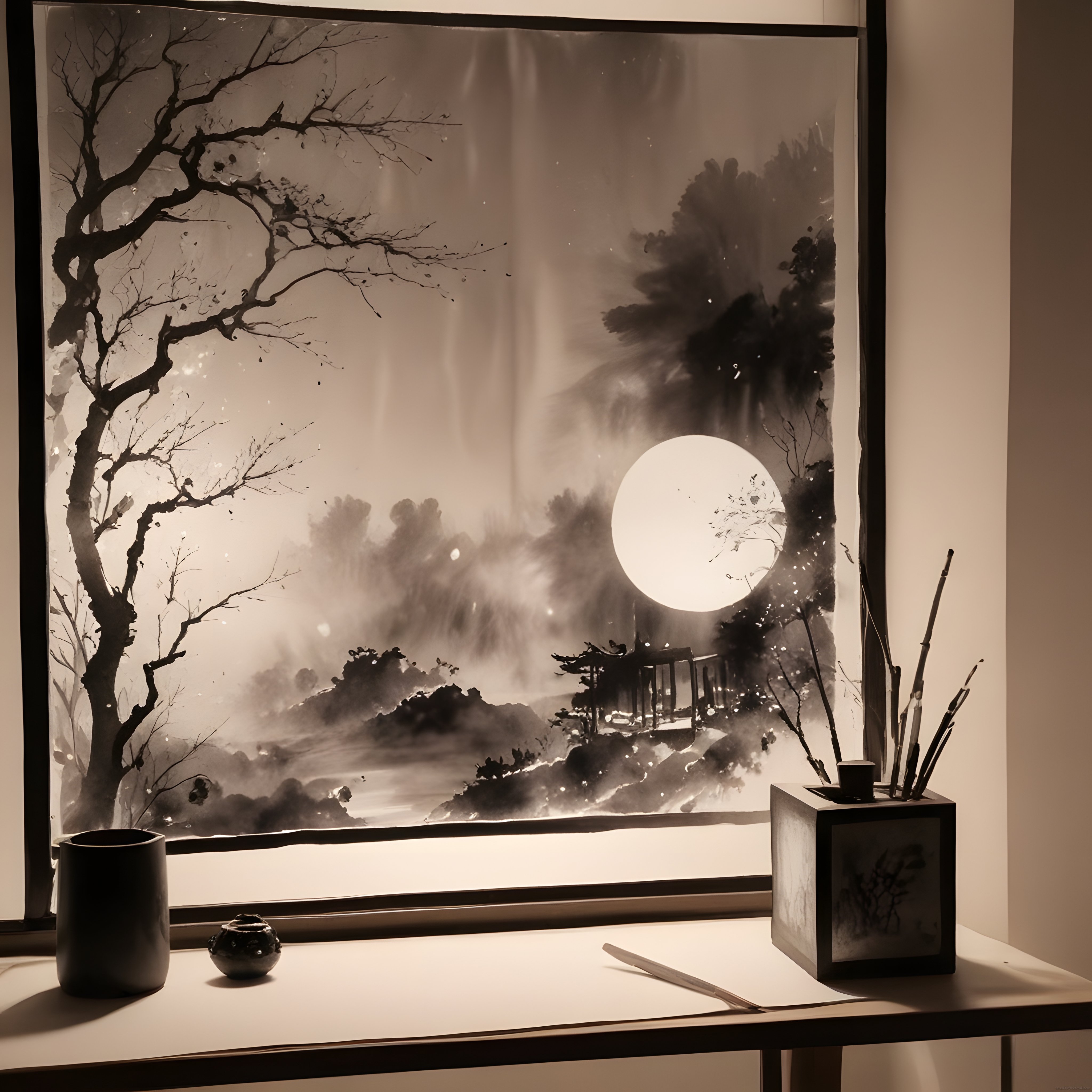 Zen atmosferli odada geleneksel Doğu Asya mürekkep tablosu ve seramik objeler