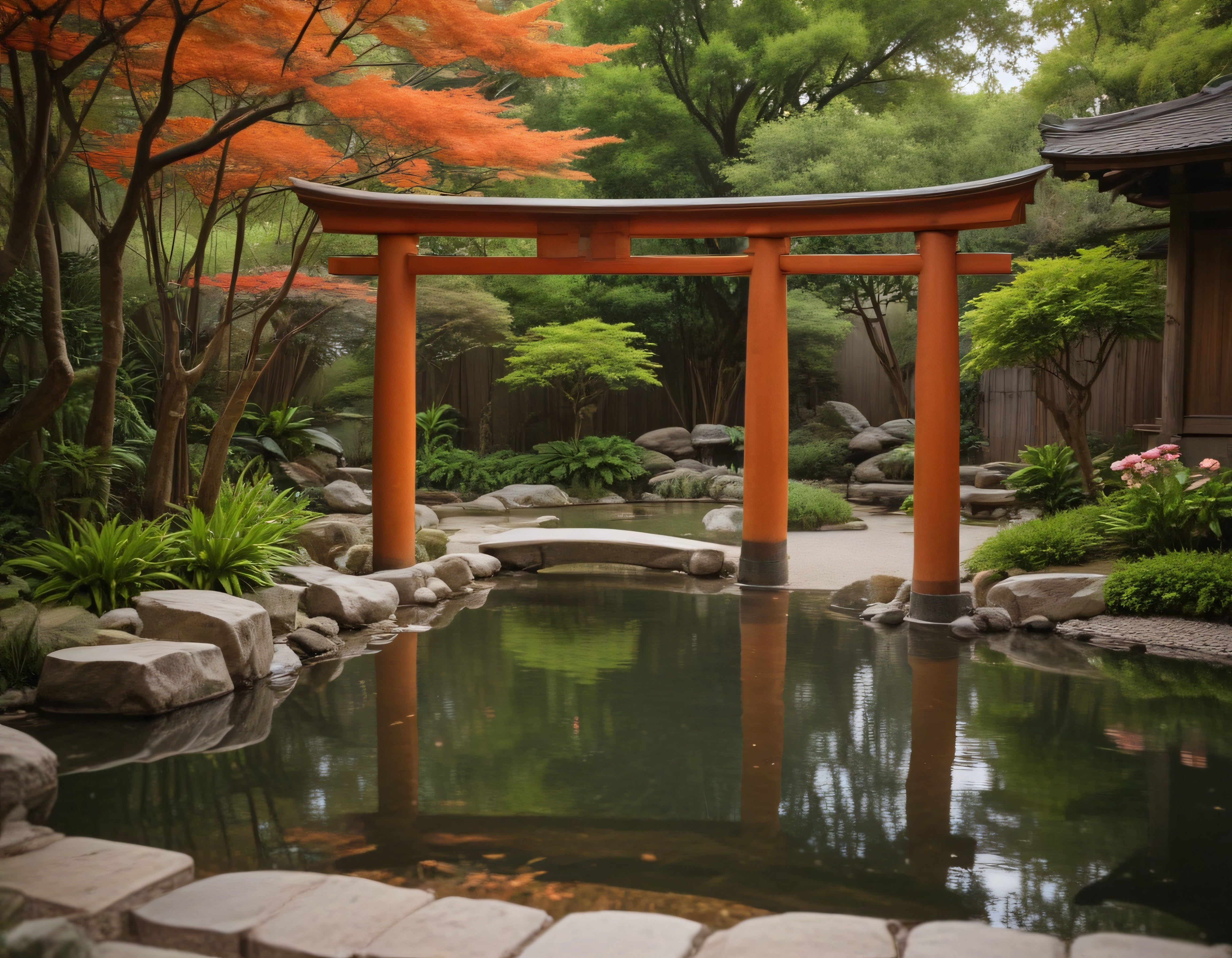 Zen Bahçesindeki Turuncu Torii Kapısı ve Sakin Suyun Huzurlu Dansı