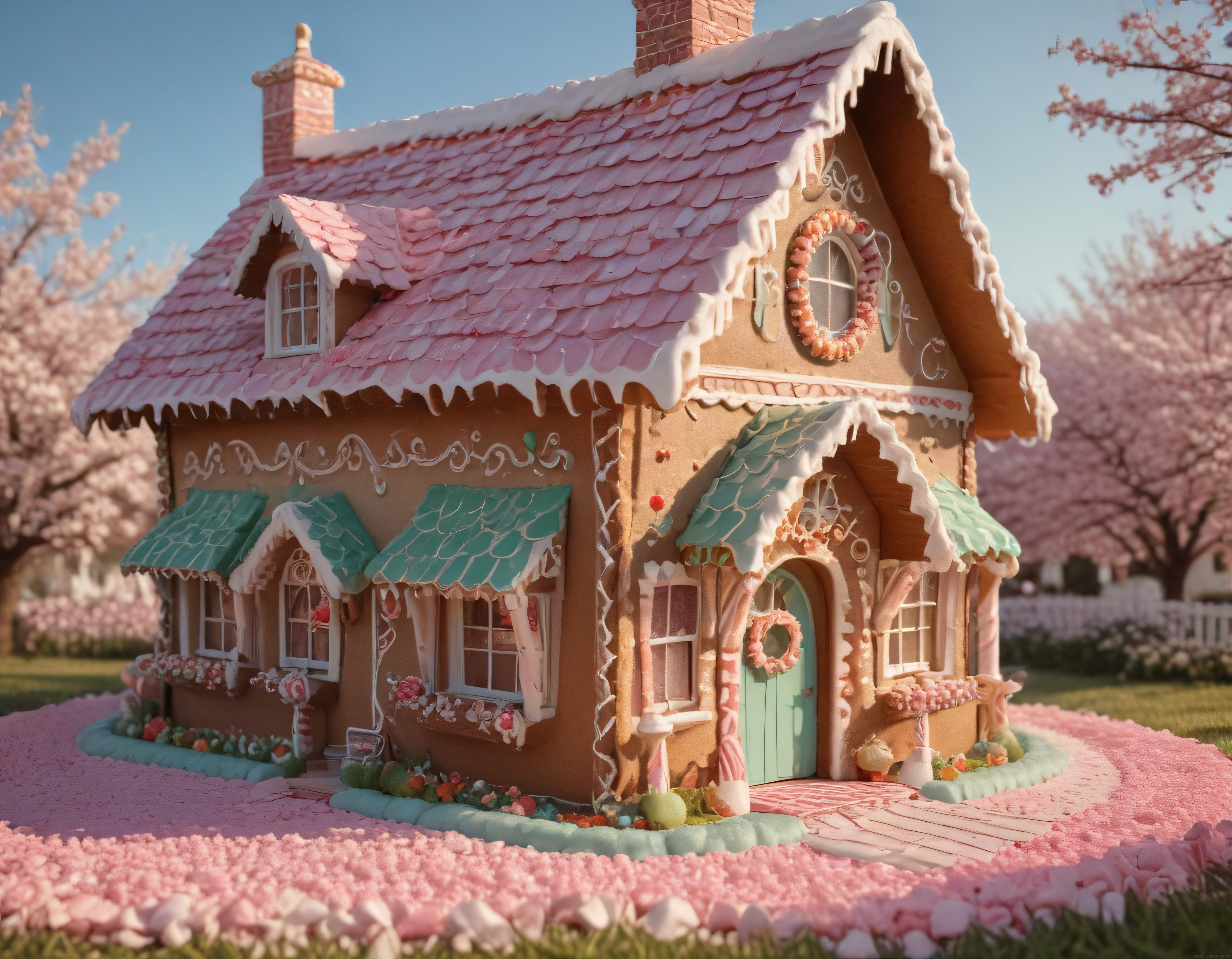 Zencefilli Kurabiye Ev ve Pembe Bahar Bahçesi: Masalsı 3D Dijital Sanat