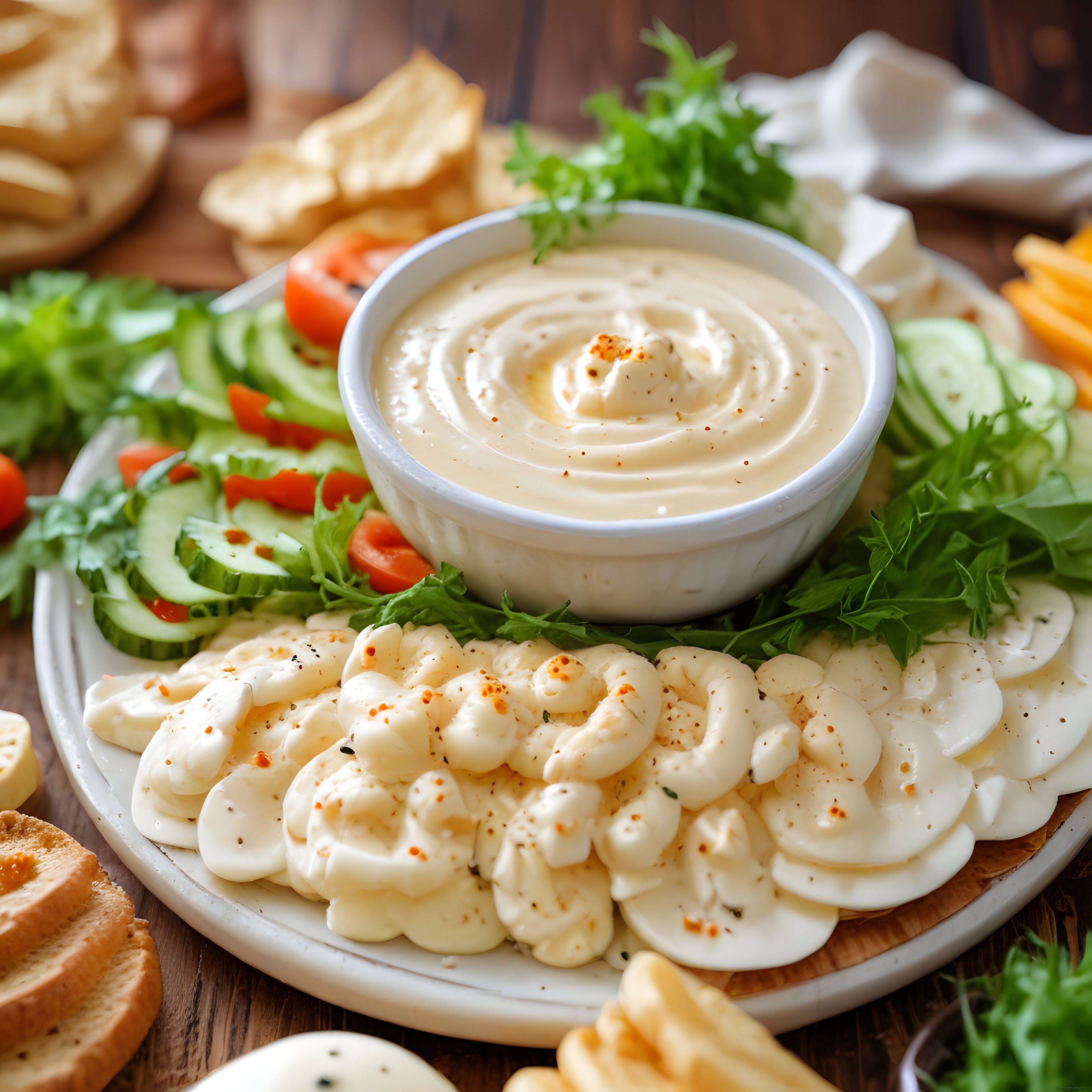 Zengin Kahvaltı Tabağı: Kremalı Dip, Haşlanmış Yumurta ve Taze Sebzeler