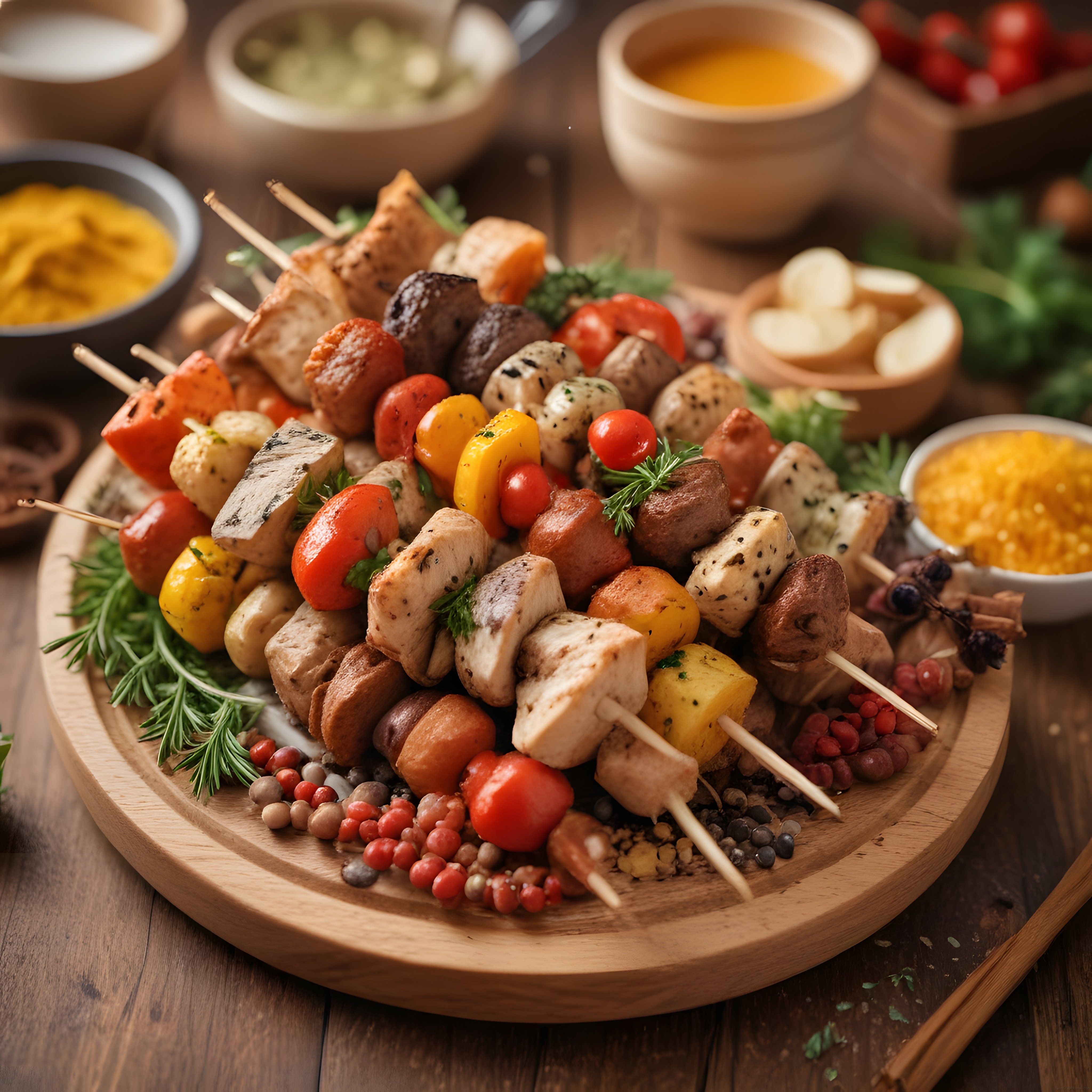 Zengin Lezzet Şöleni: Ahşap Sunumda Et ve Sebze Şiş Kebap Çeşitleri