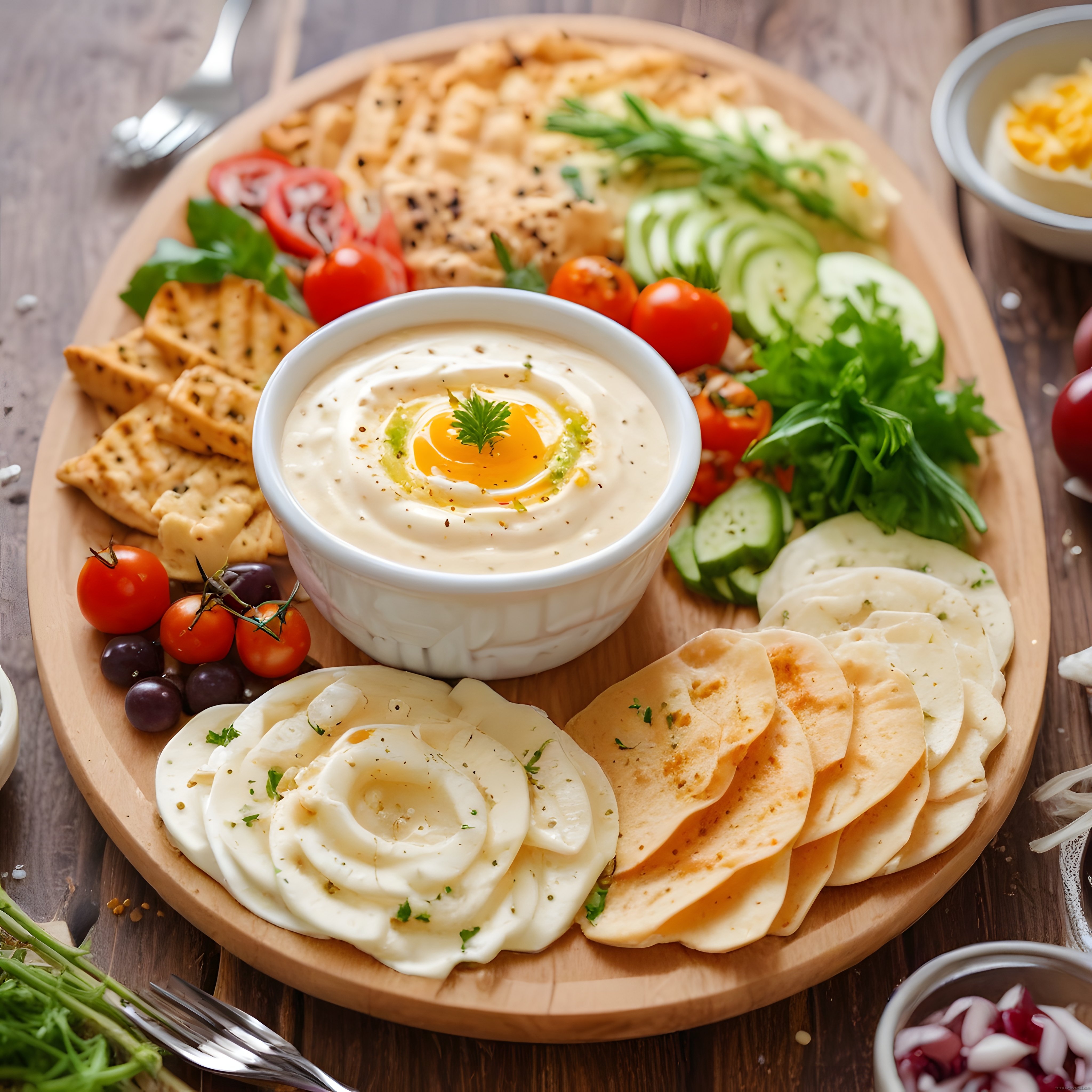 Zengin Lezzetlerle Dolu Humus ve Peynirli Kahvaltı Sunum Tabağı