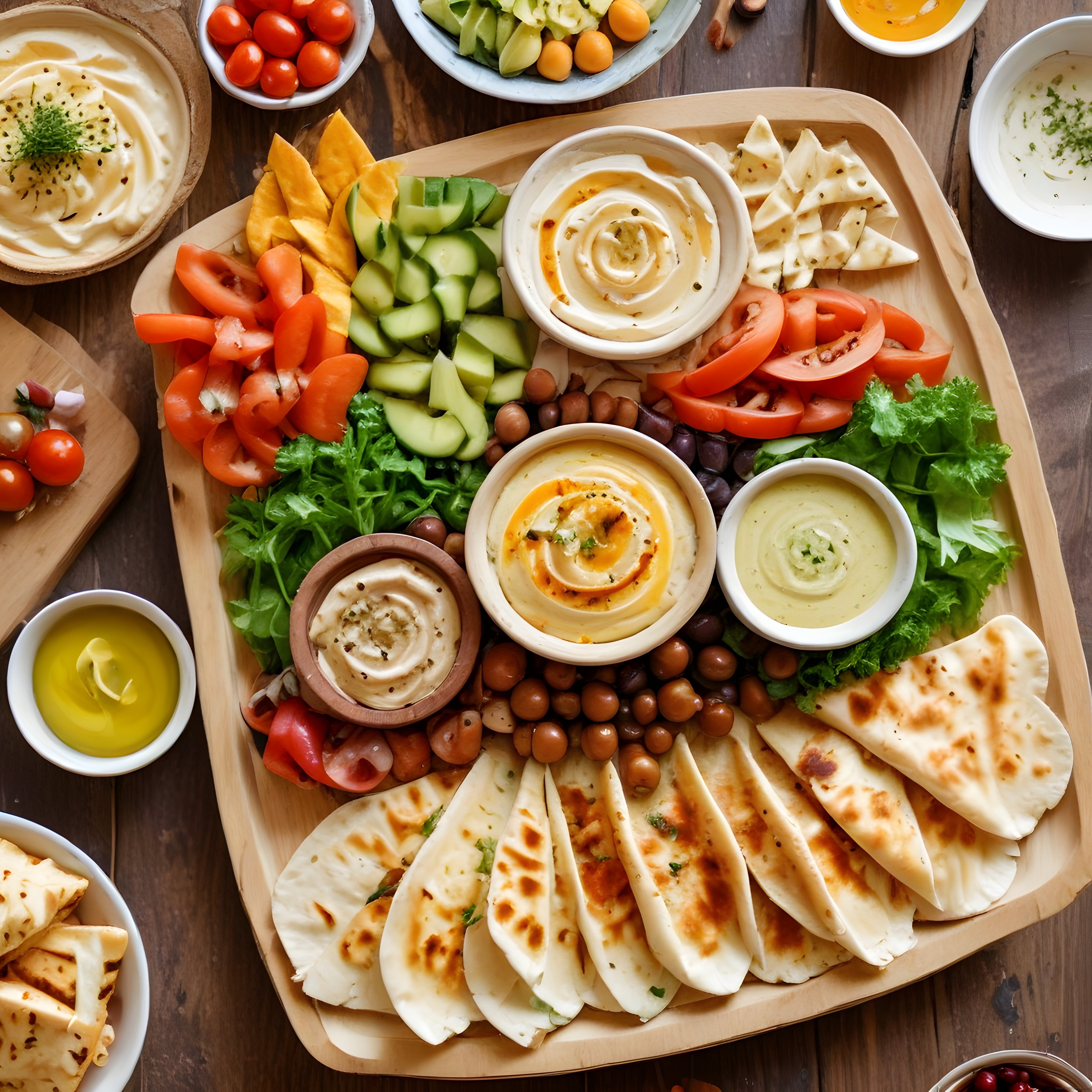 Zeytin, Humus ve Taze Sebzelerle Süslenmiş Ahşap Kahvaltı Sunum Tabağı