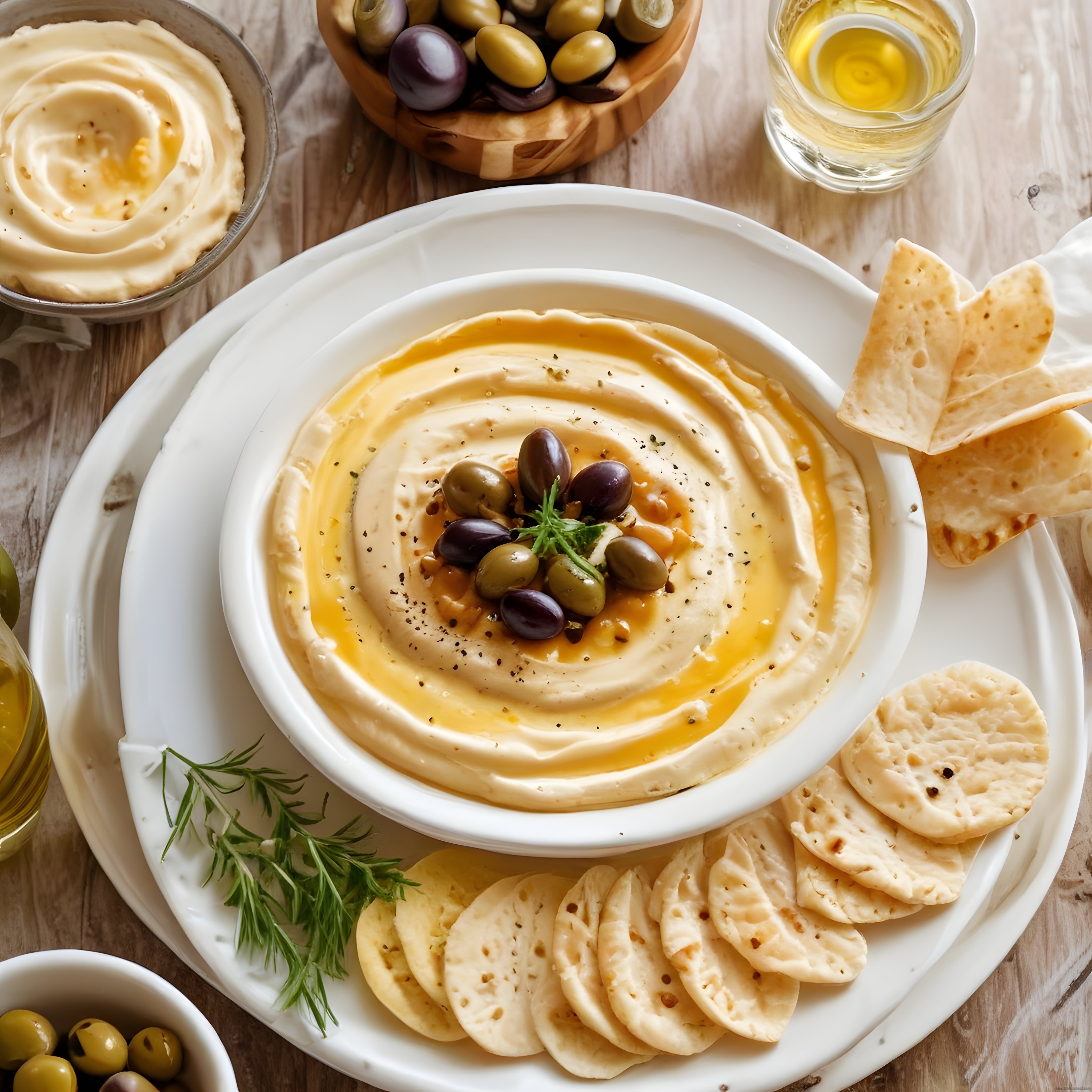 Zeytin Süslenmiş Kreması Humus ve Ev Yapımı Lavaş Cipsi ile Meze Keyfi