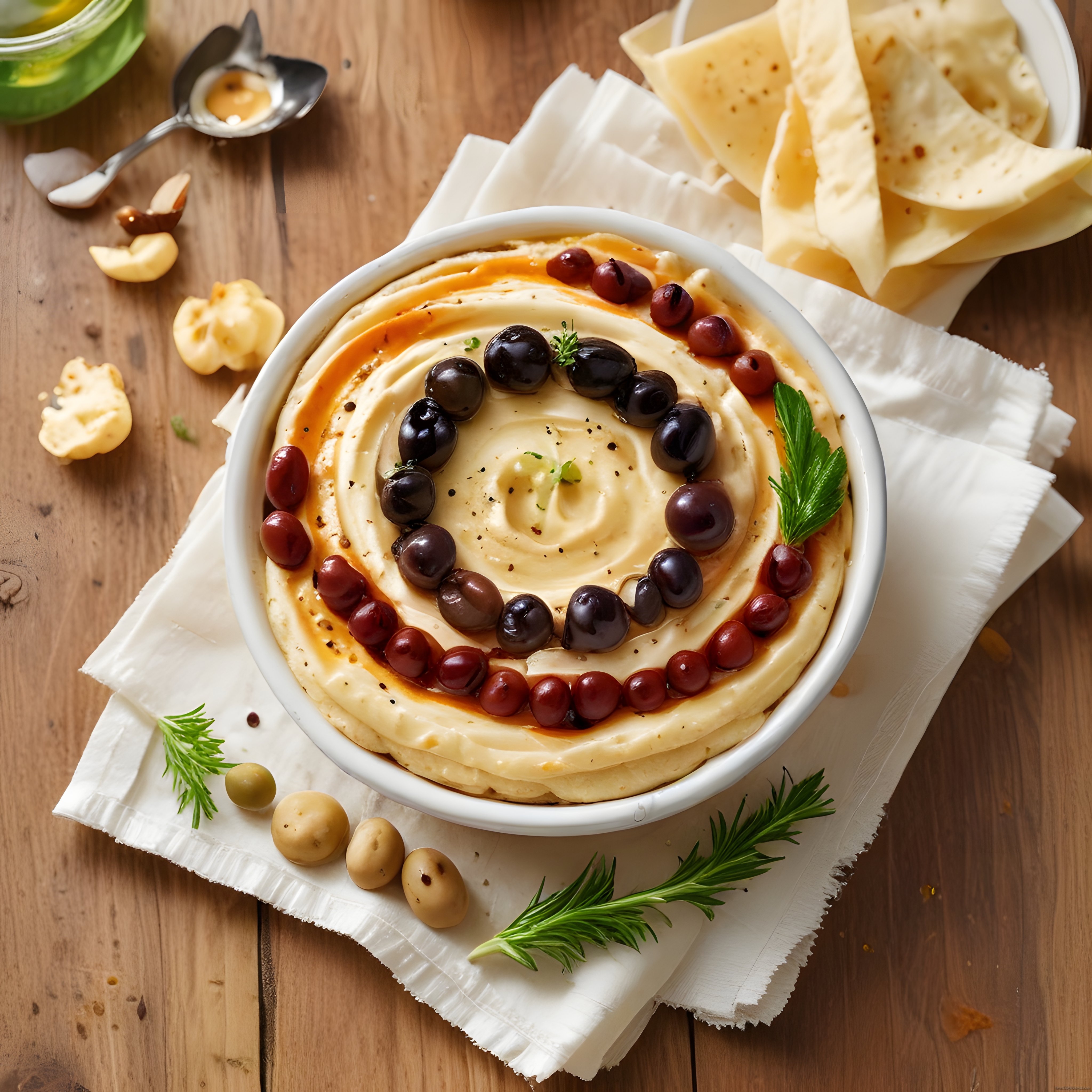 Zeytin ve Nar Taneleriyle Süslenmiş Ev Yapımı Humus Meze Sunumu