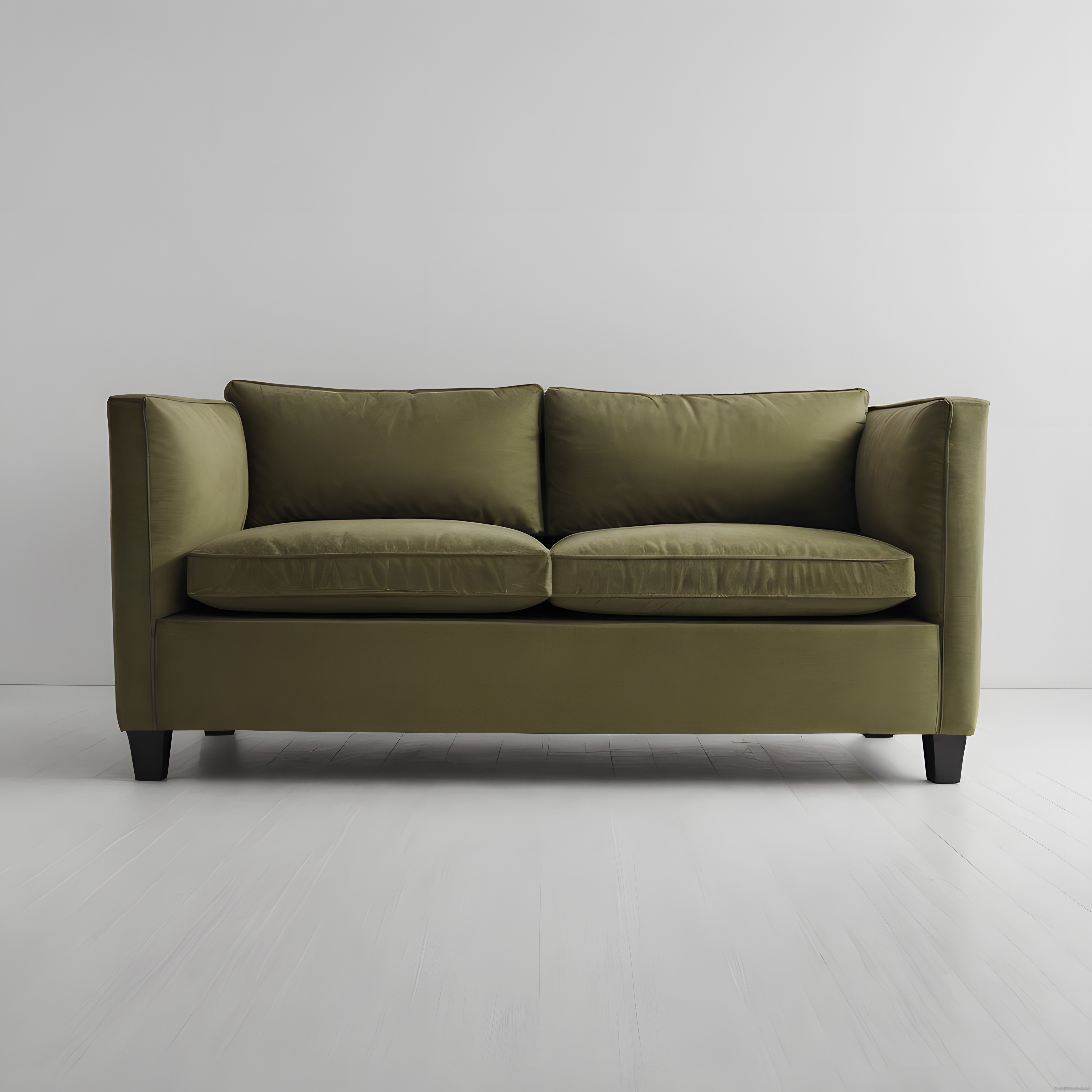 Zeytin yeşili kadife ikili kanepe ile modern minimalist salon dekorasyonu