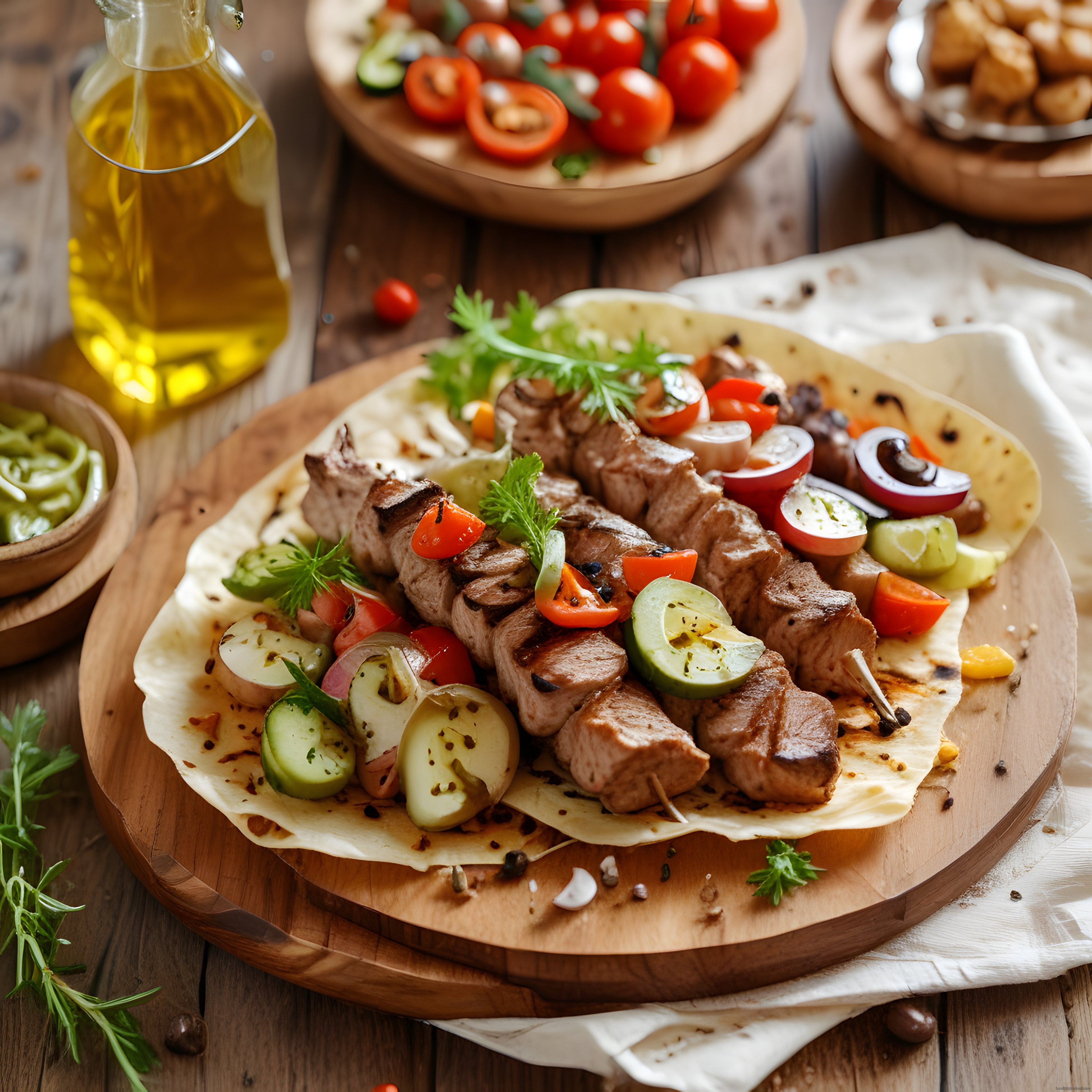 Zeytinyağı Eşliğinde Ahşap Masada Şiş Kebap ve Taze Sebzeler Sunumu