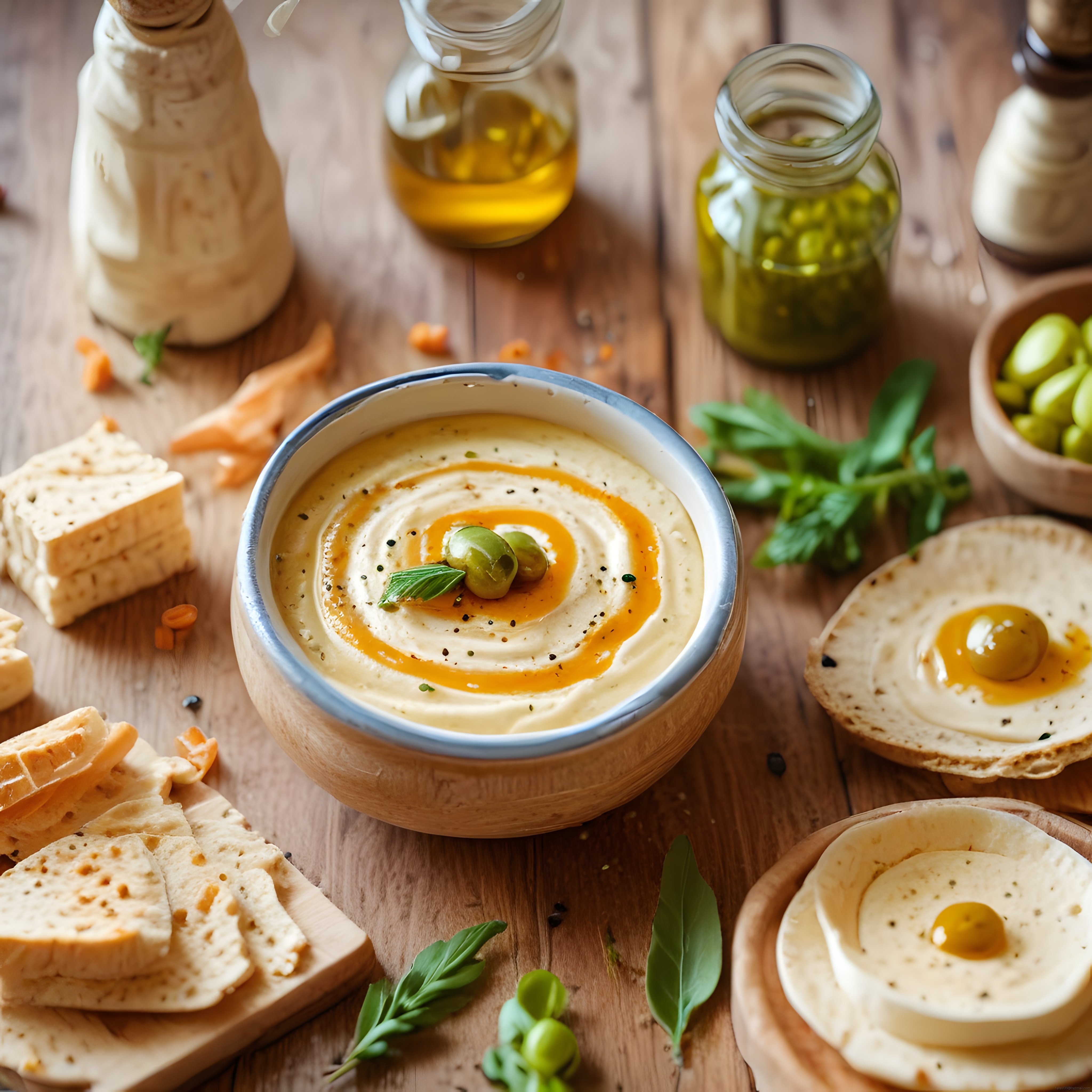 Zeytinyağı Gezdirilmiş Ev Yapımı Humus ve Taze Ekmek Eşliğinde Rustik Sunum