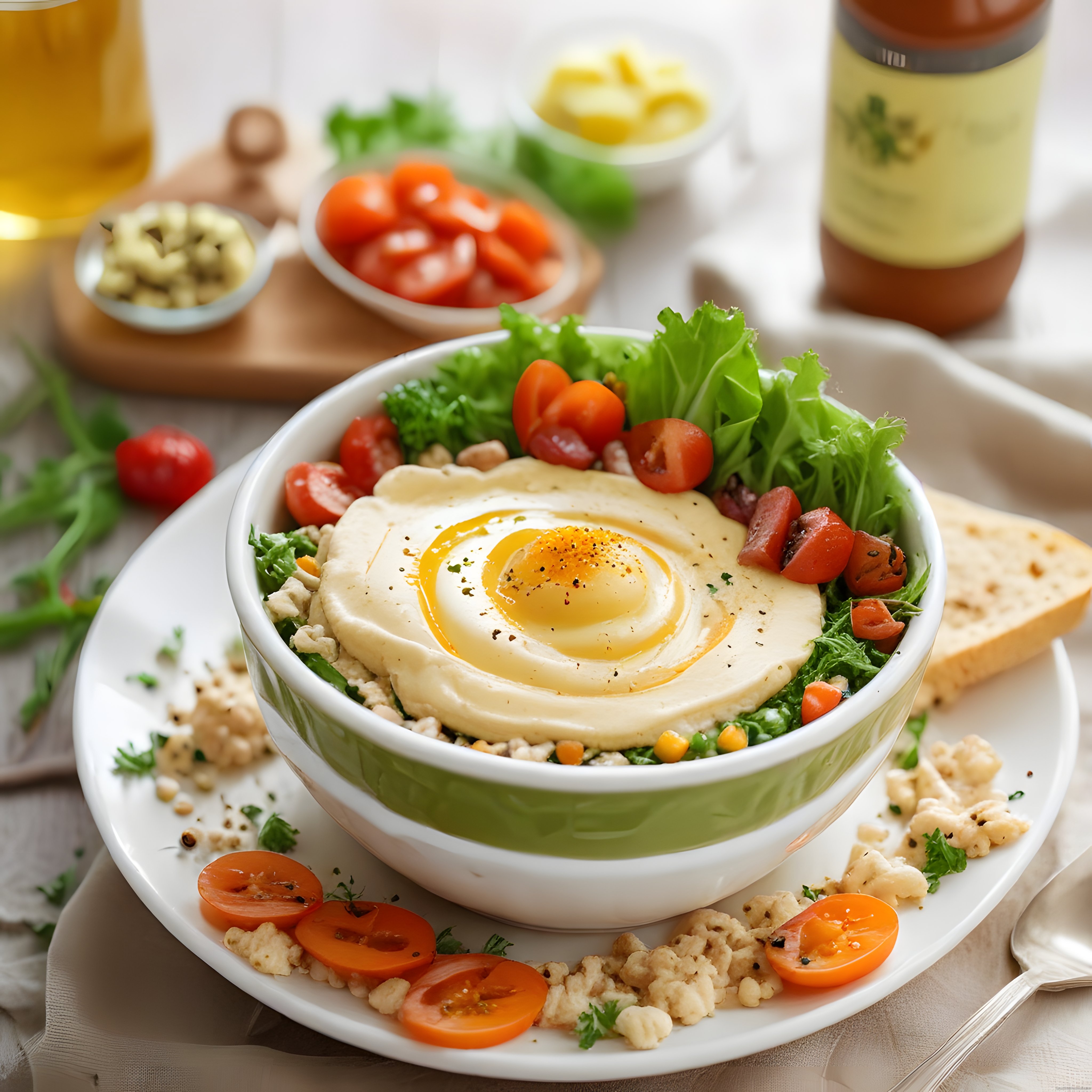 Zeytinyağı Gezdirilmiş Humus Kasesi ve Taze Sebzelerle Sağlıklı Brunch Sunumu