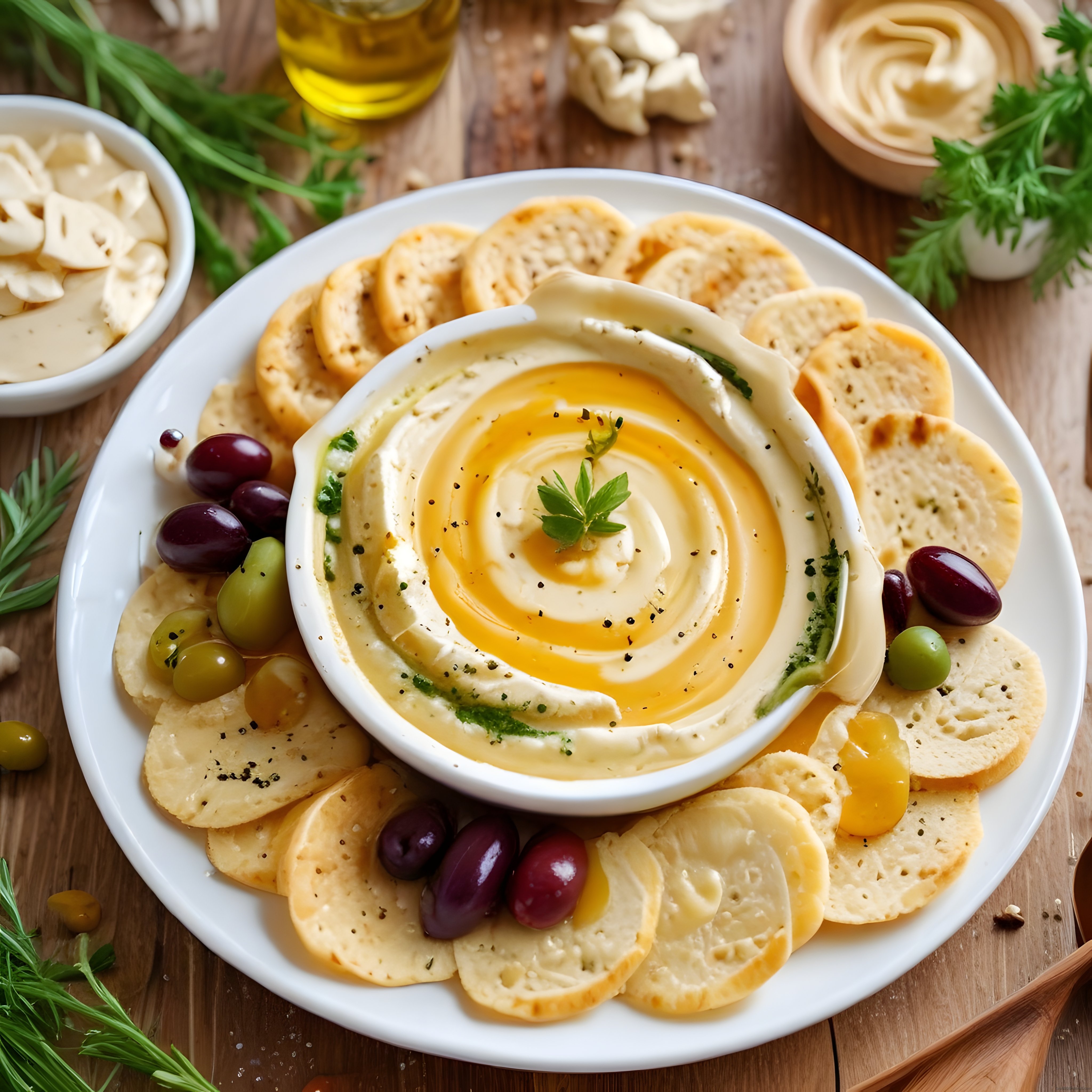 Zeytinyağı Gezdirilmiş Humus, Zeytinler ve Baharatlı Krakerlerle Meze Sunumu