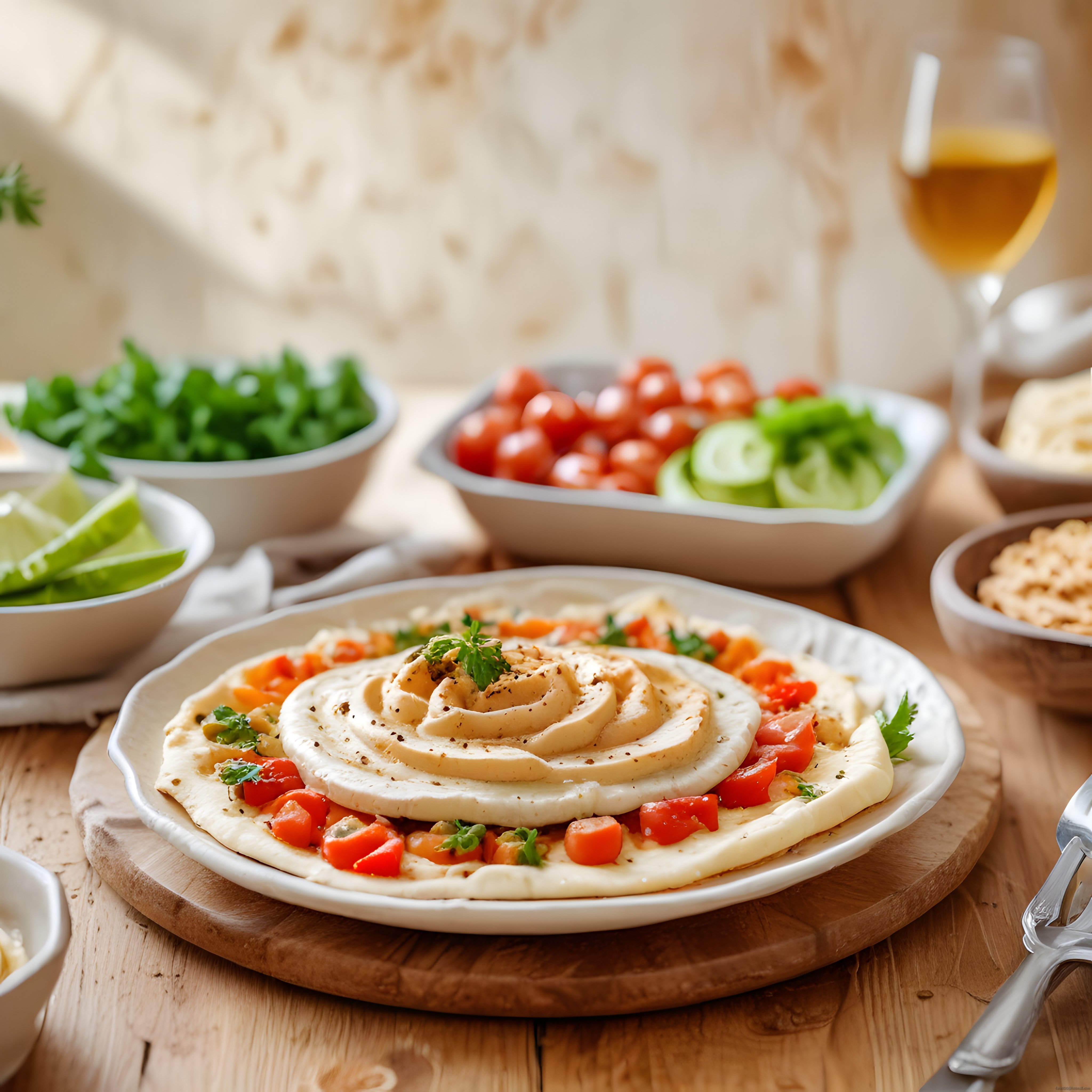 Zeytinyağı ve Baharat ile Süslenmiş Humus Mezesi ve Taze Sebzeler