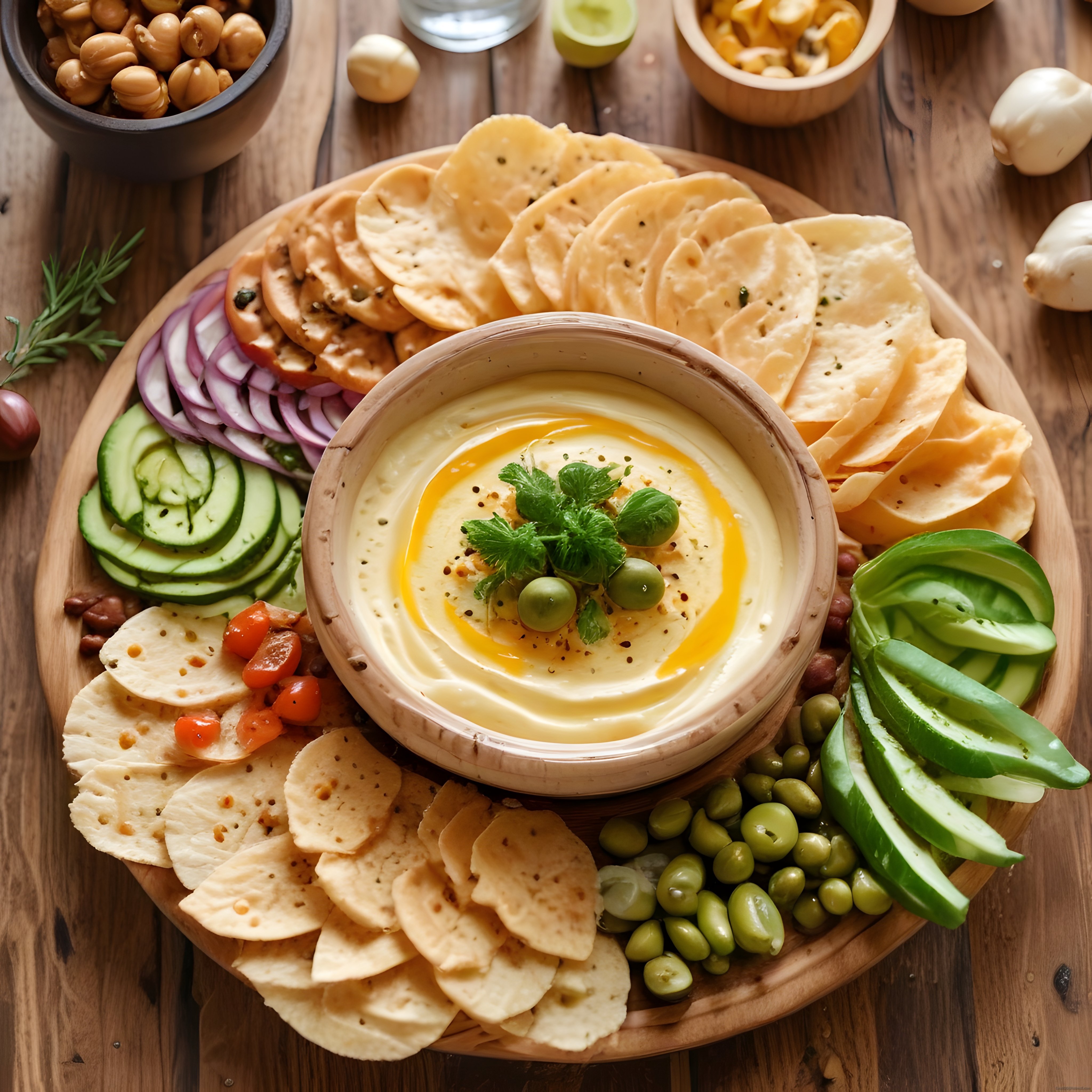 Zeytinyağı ve Baharatlarla Süslenmiş Humus Sunumu ve Taze Sebzeler