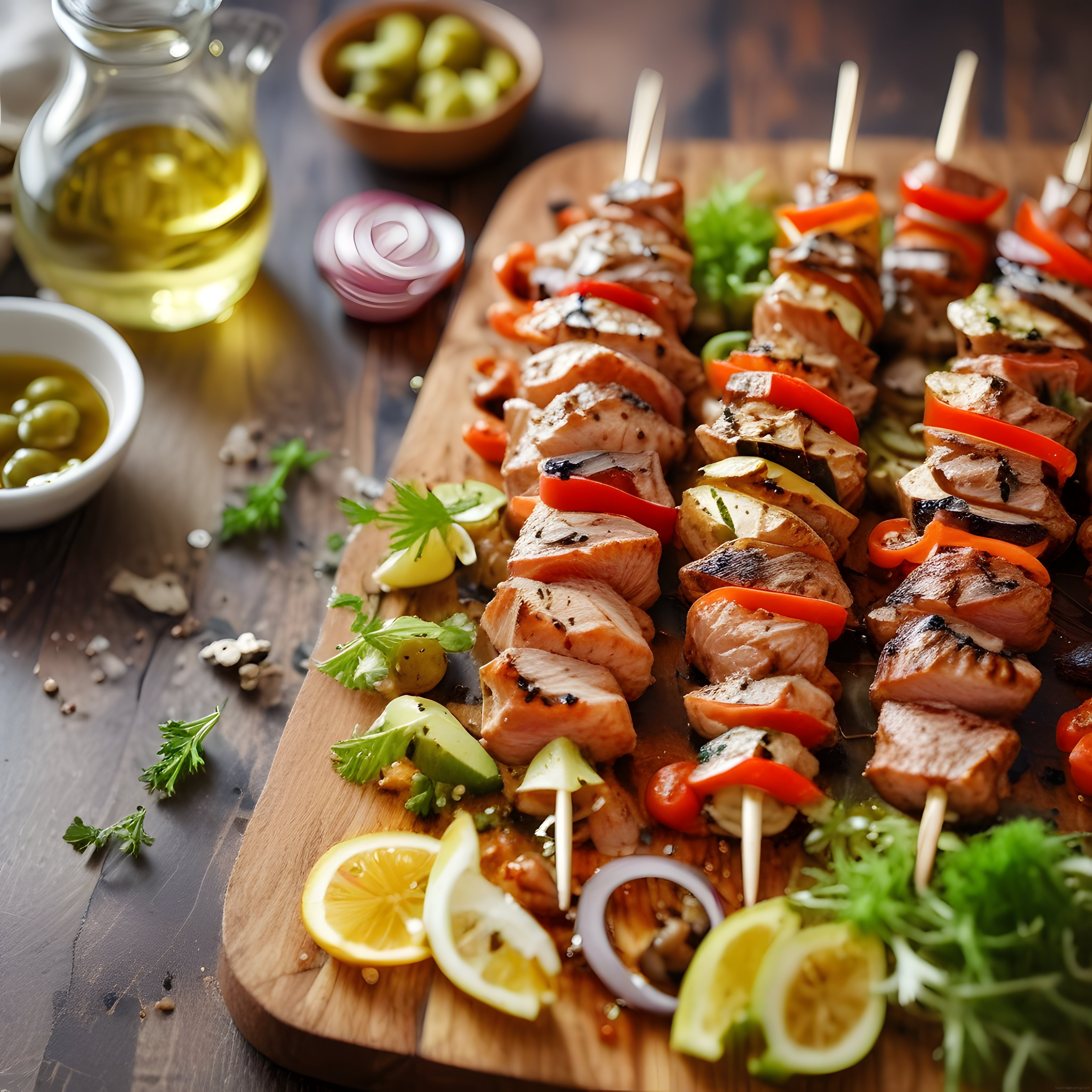 Zeytinyağı ve Limon Eşliğinde Ahşap Tahta Üzerinde Izgara Tavuk Şiş Kebap