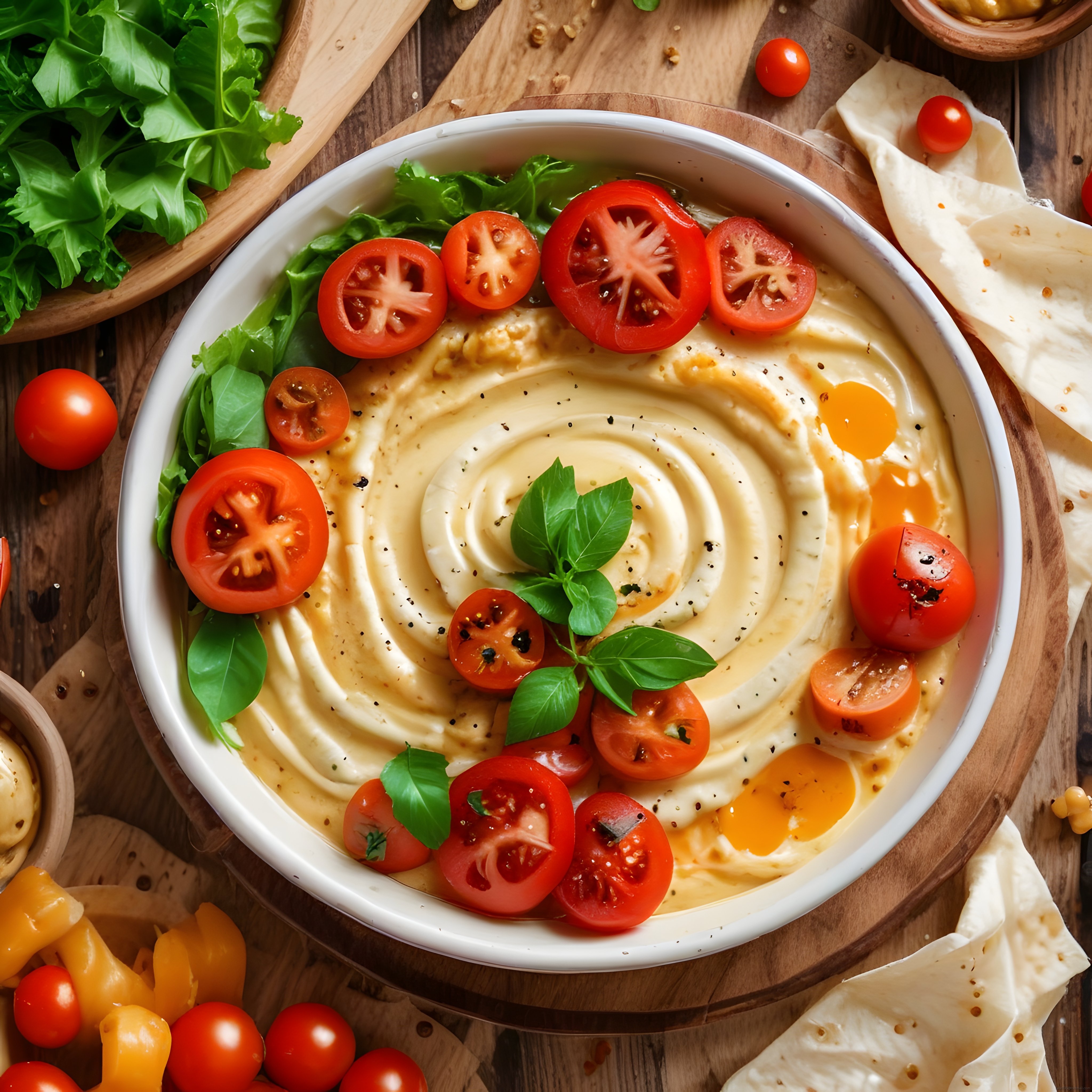 Zeytinyağı ve Taze Domates ile Süslenmiş Kreması Humus Kahvaltı Tabağı
