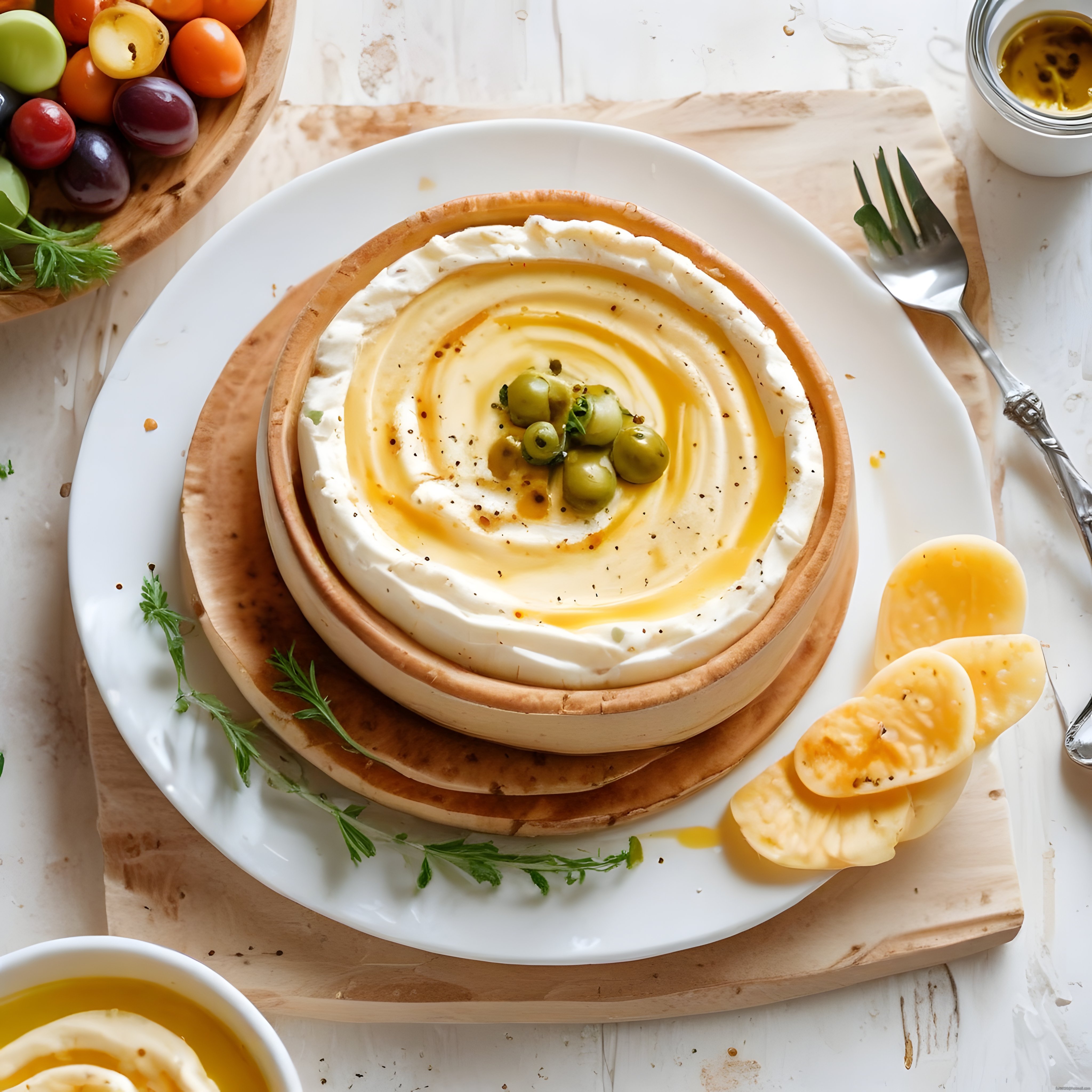Zeytinyağı ve Yeşil Zeytin ile Süslenmiş Krem Peynir Kahvaltı Tabağı