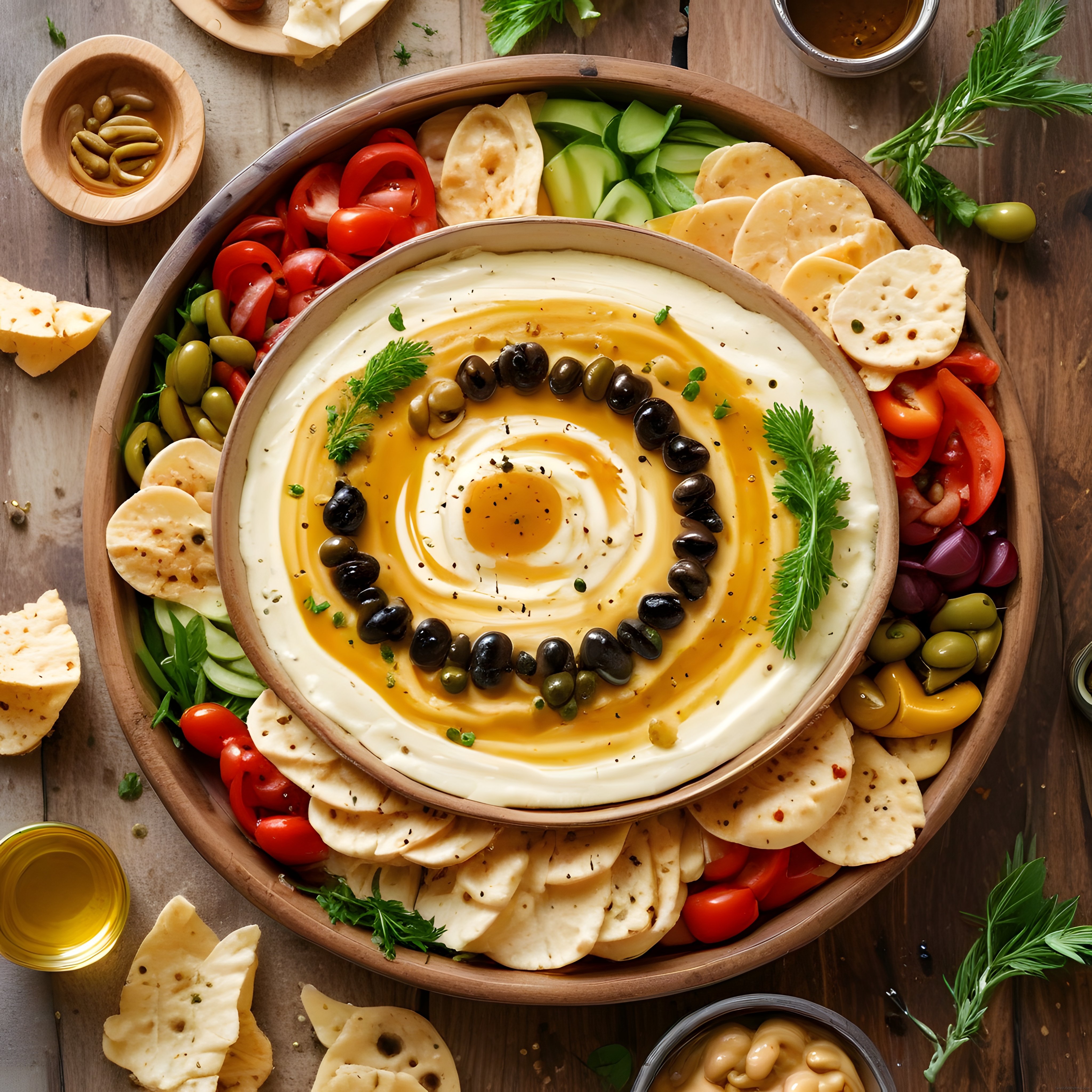 Zeytinyağlı, Baharatlı Humus Mezesi ve Taze Sebze Kraker Sunumu