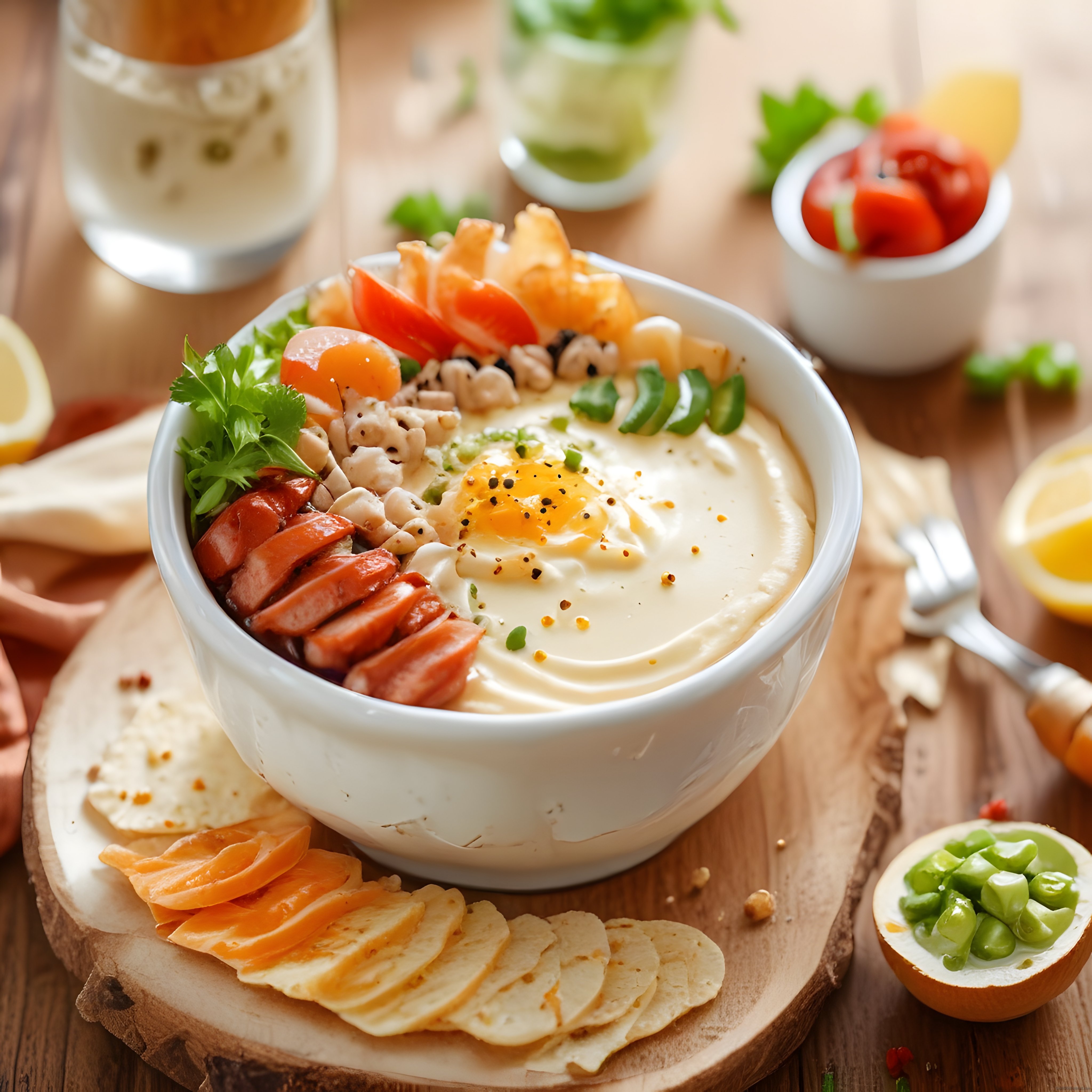 Zeytinyağlı Humus Kasesi: Taze Sebzeler ve Cipsle Rustik Mutfak Sunumu