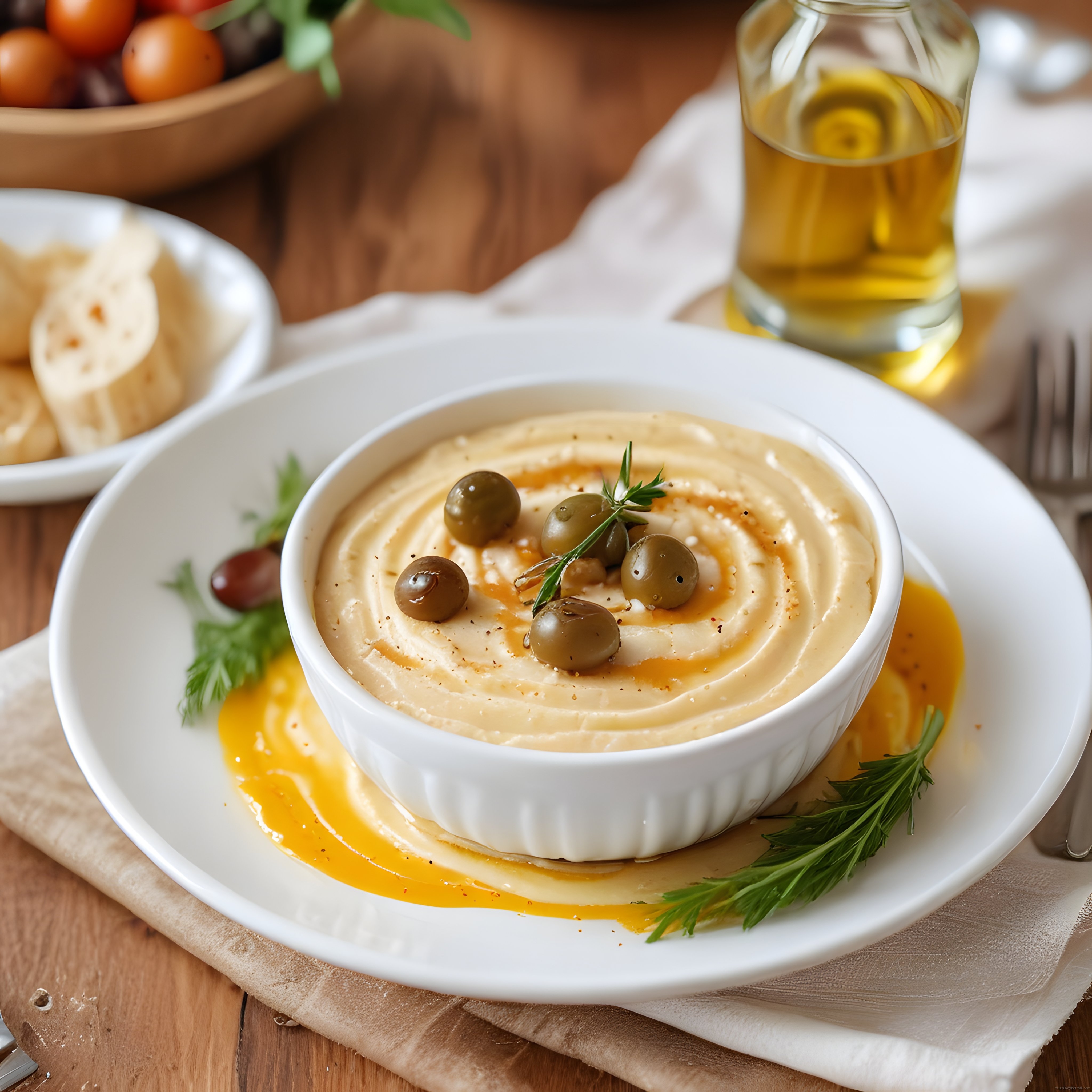 Zeytinyağlı Humus Kasesi: Taze Zeytin ve Biberiye ile Ortadoğu Lezzeti